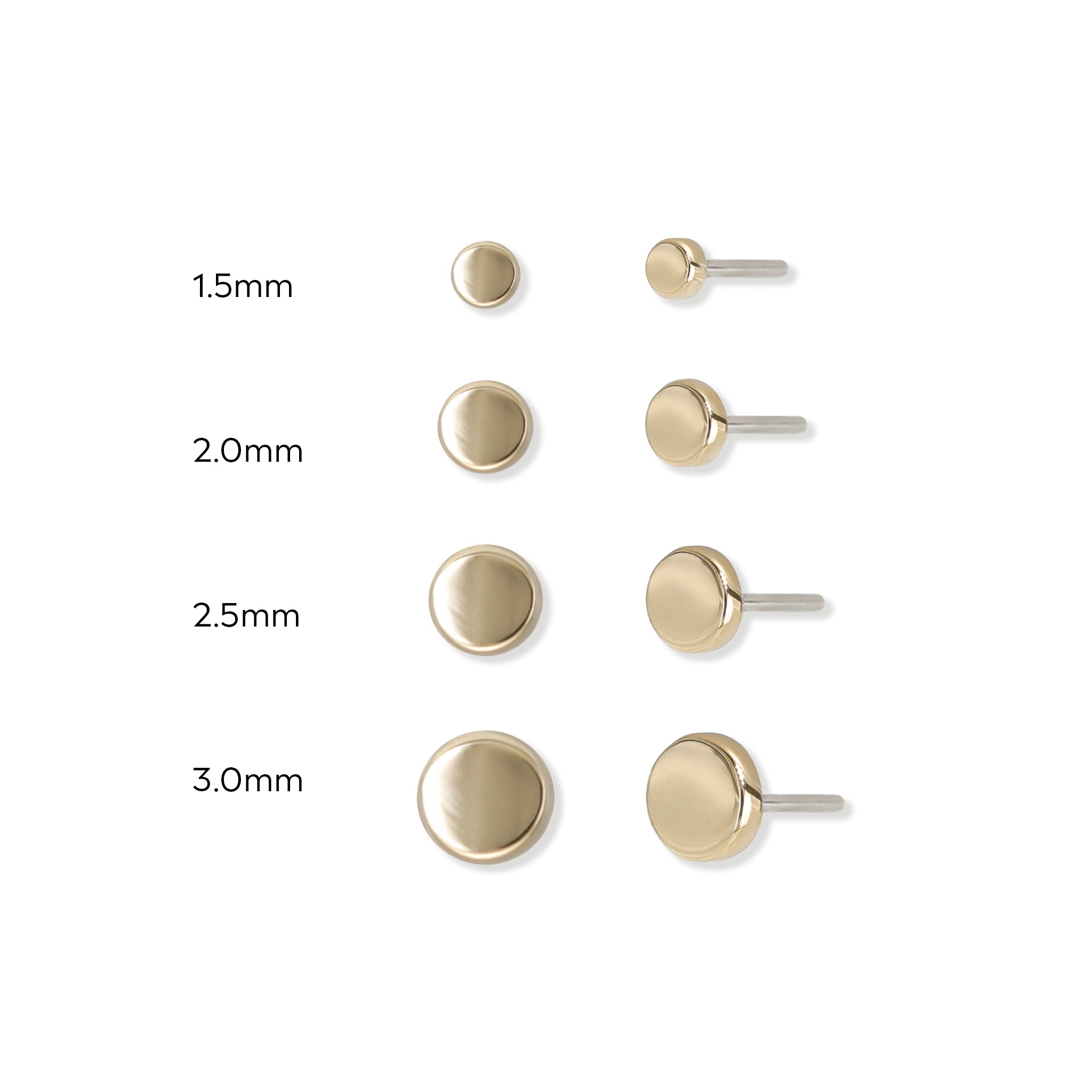 Size comparison of 14K gold flat disc studs, available in 1.5mm, 2.0mm, 2.5mm and 3mm