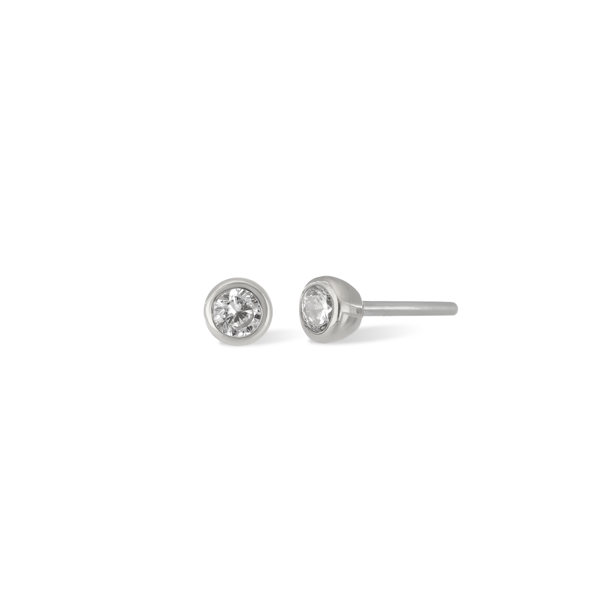 14K Gold Bezel Cubic Zirconia studs in white gold front and side view.