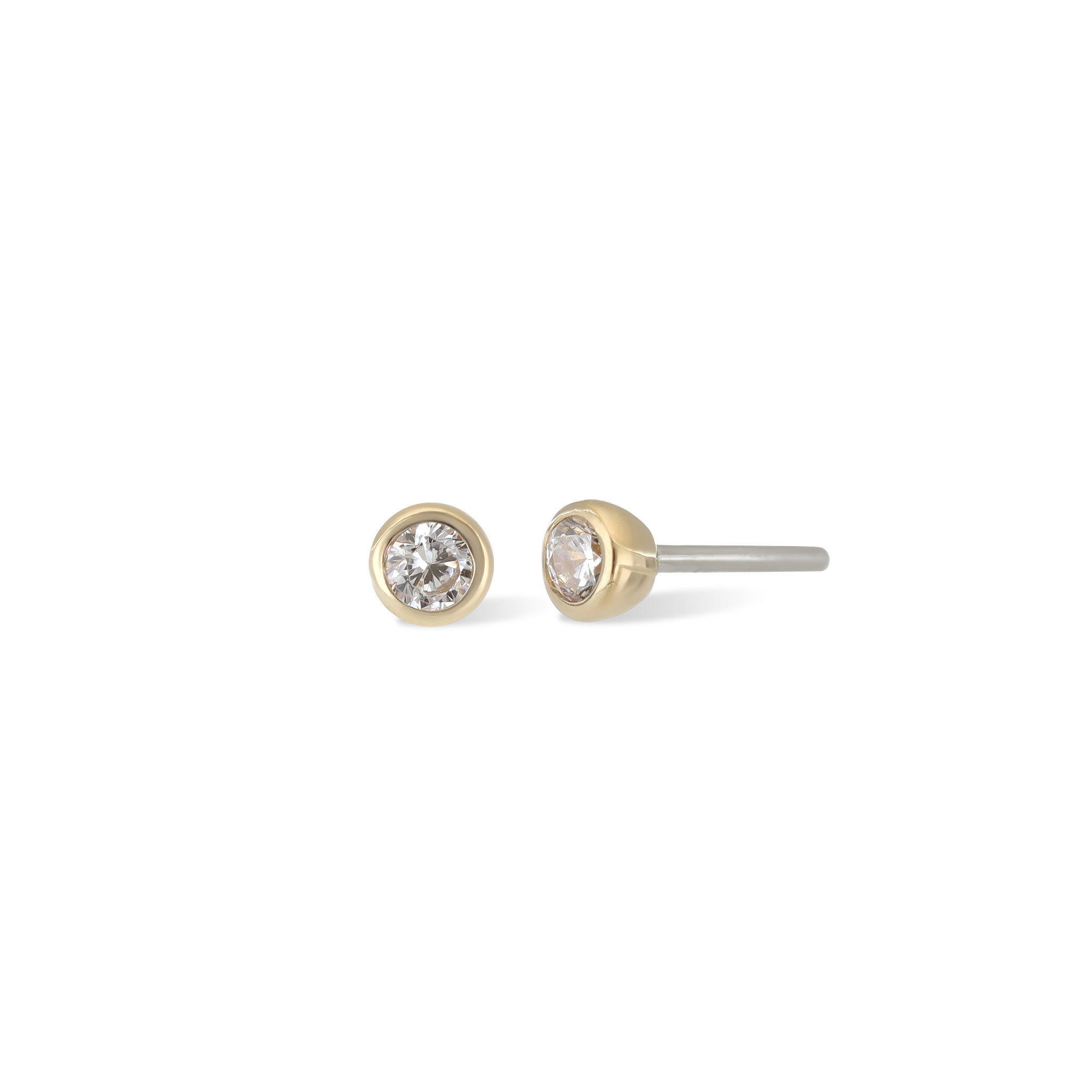 14K Gold Bezel Cubic Zirconia studs in yellow gold front and side view.