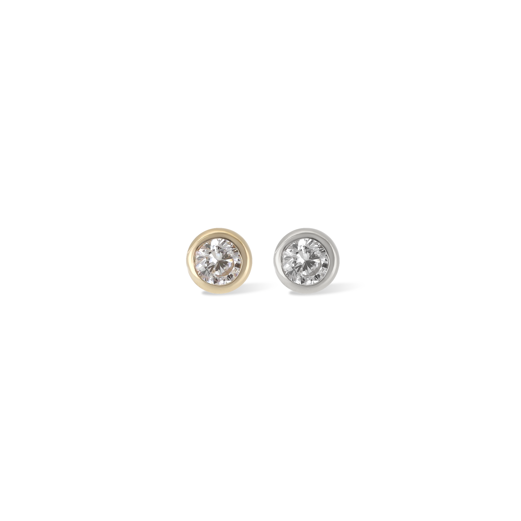 14K Gold Bezel Cubic Zirconia studs in yellow gold and white gold front view on white background