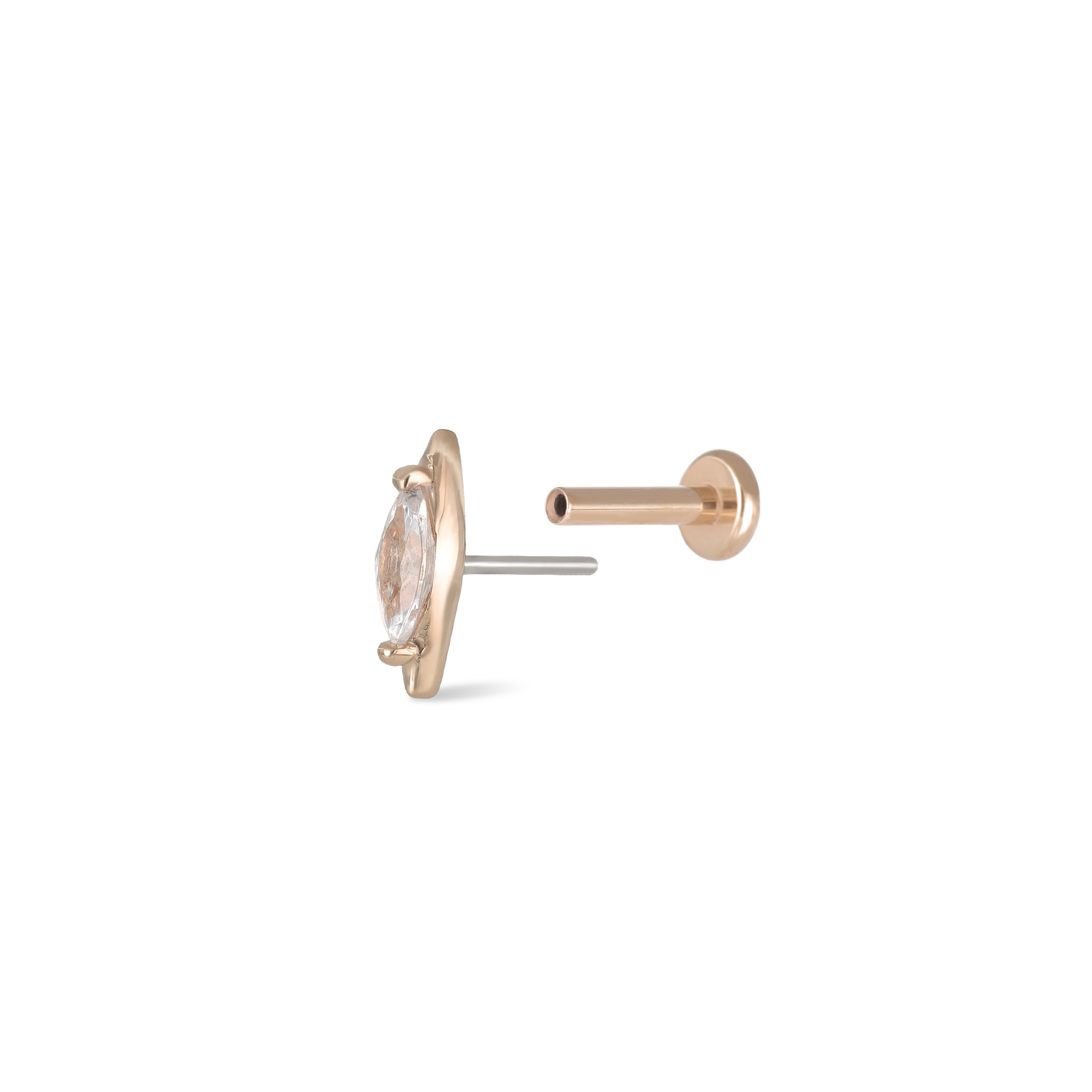 Marquise-shaped cubic zirconia studs in 14K rose gold side view of the push pin with titanium post end