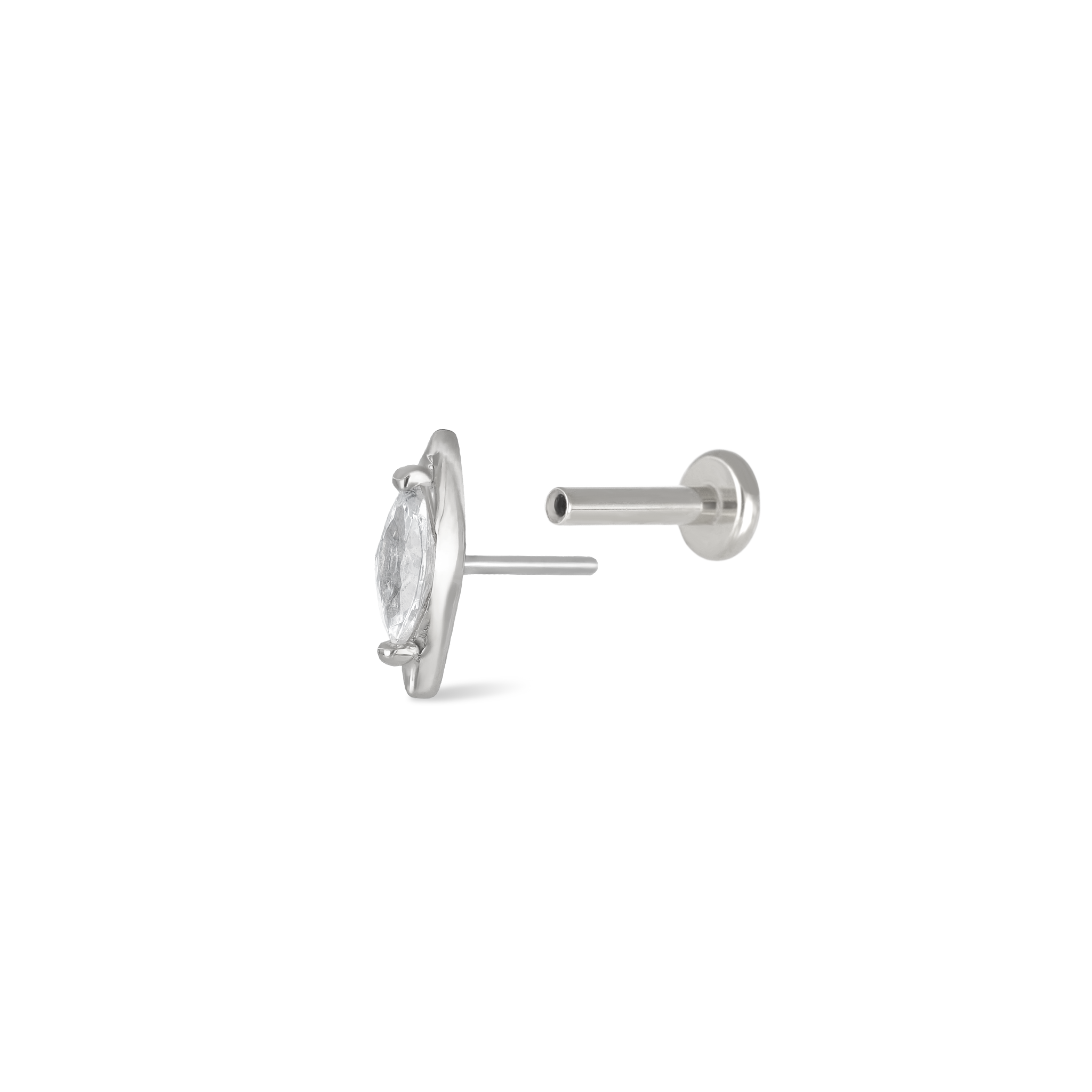 Marquise-shaped cubic zirconia studs in 14K white gold side view of the push pin with titanium post end