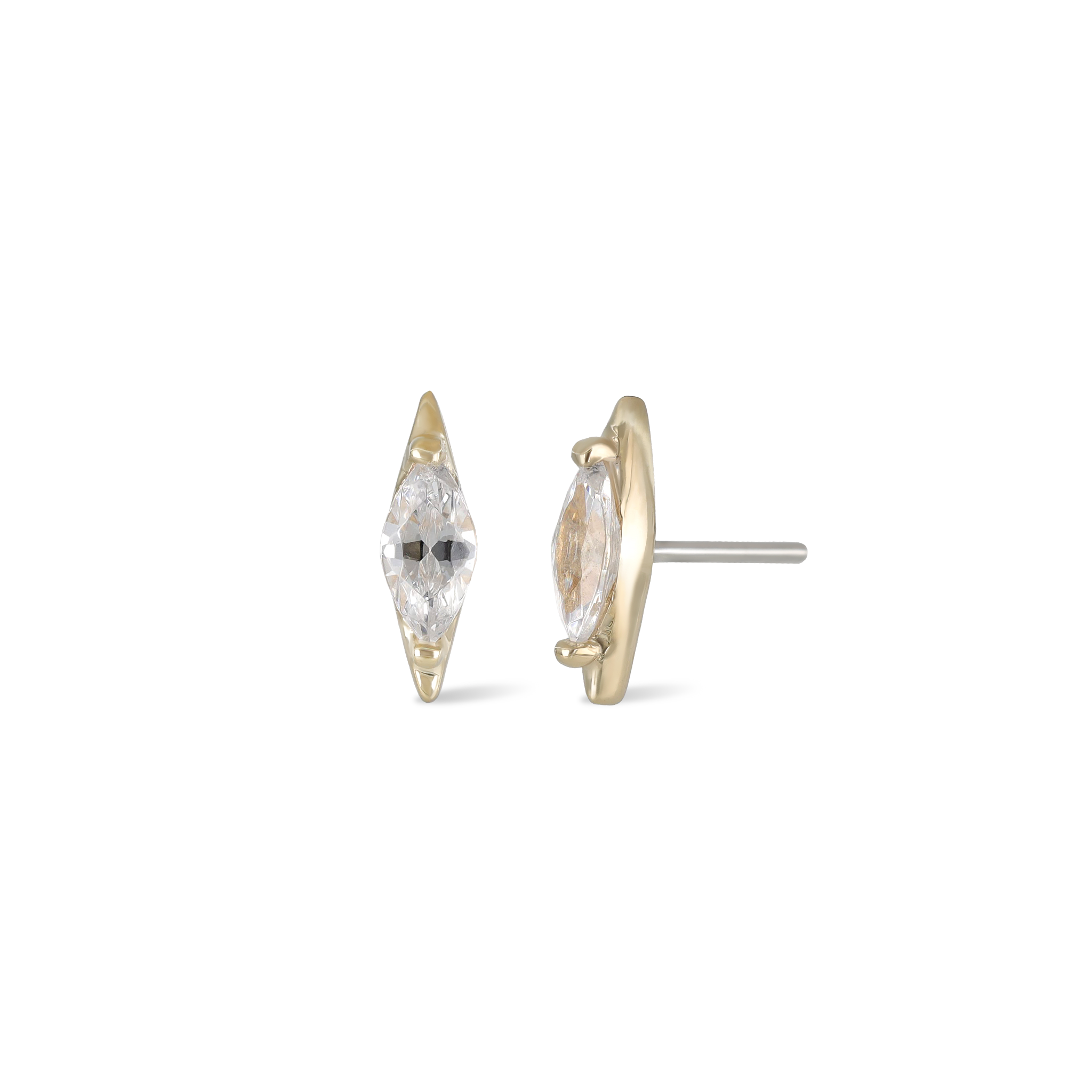 14K Gold Marquise Cubic Zirconia studs in yellow gold front view and side view