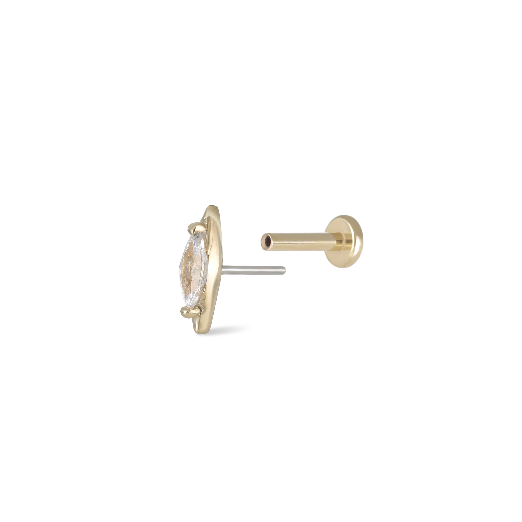 Marquise-shaped cubic zirconia studs in 14K yellow gold side view of the push pin with titanium post end