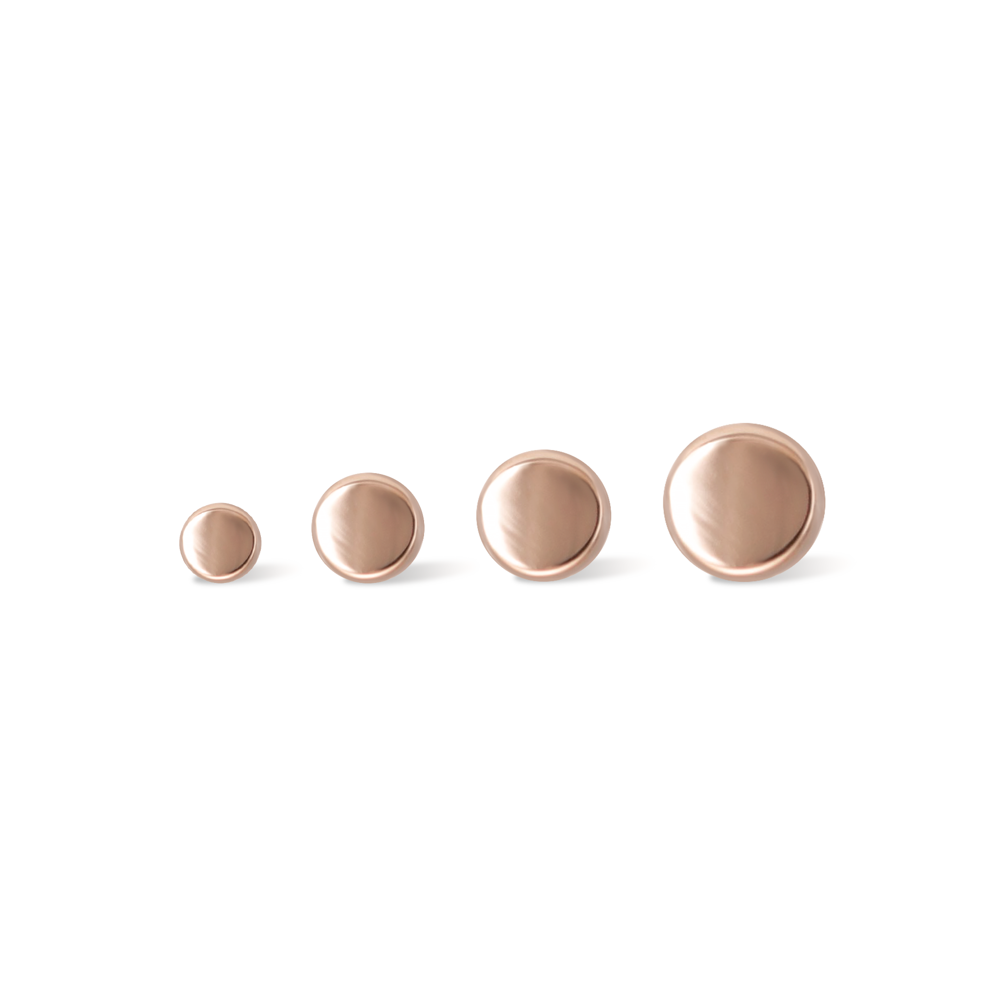 14K Gold flat disc studs in rose gold four sizes front view on white background