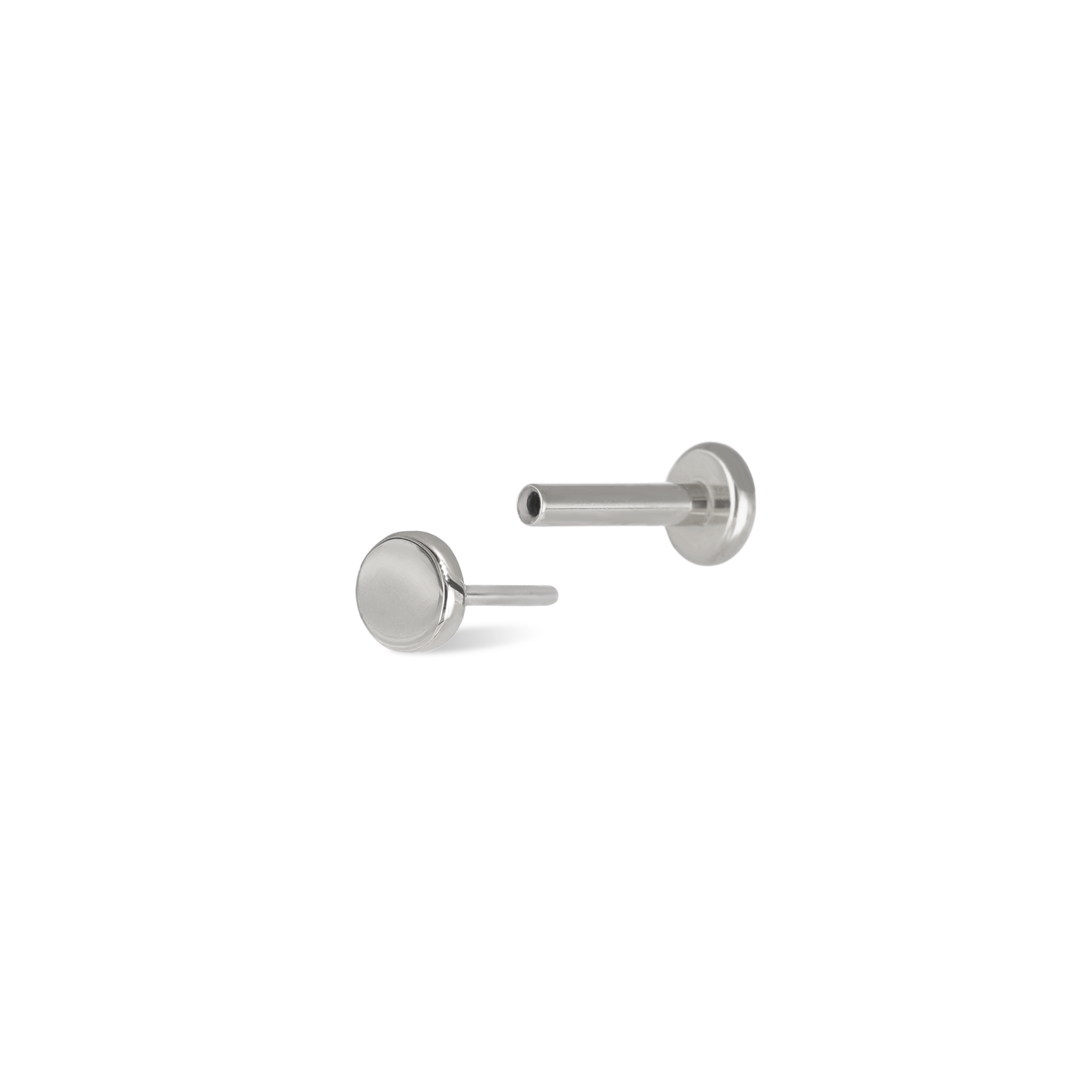 14K White Gold flat disc studs push pin and titanium post end