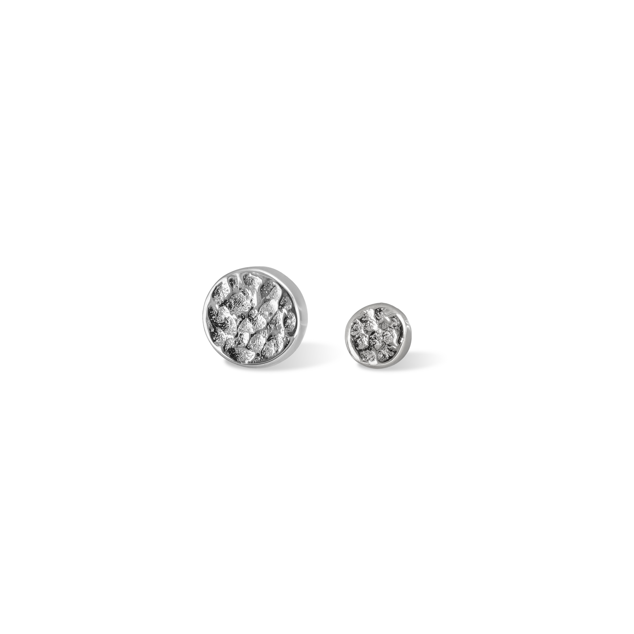 14K Gold Hammered disc studs in white gold front view 2mm and 3mm on white background