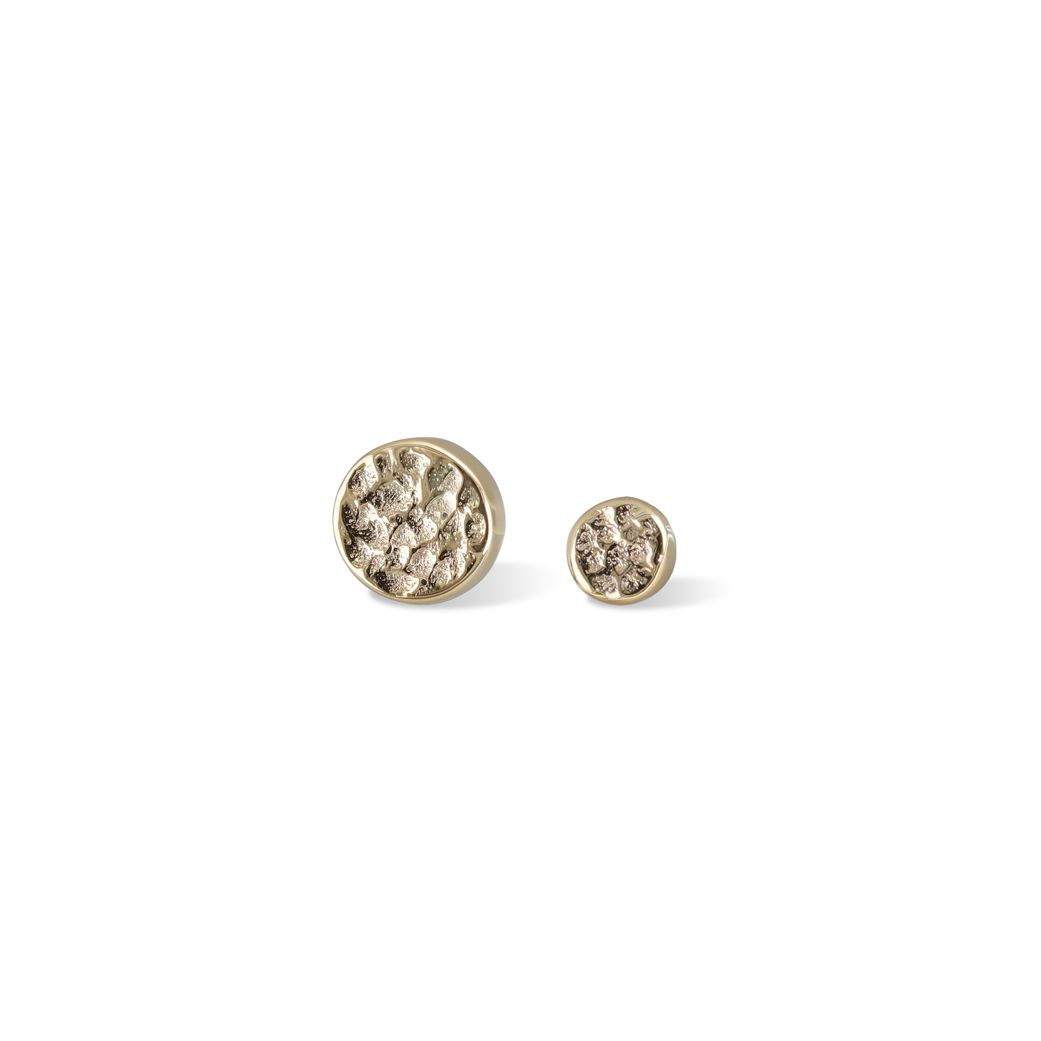 14K Gold Hammered disc studs in yellow gold front view 2mm and 3mm on white background