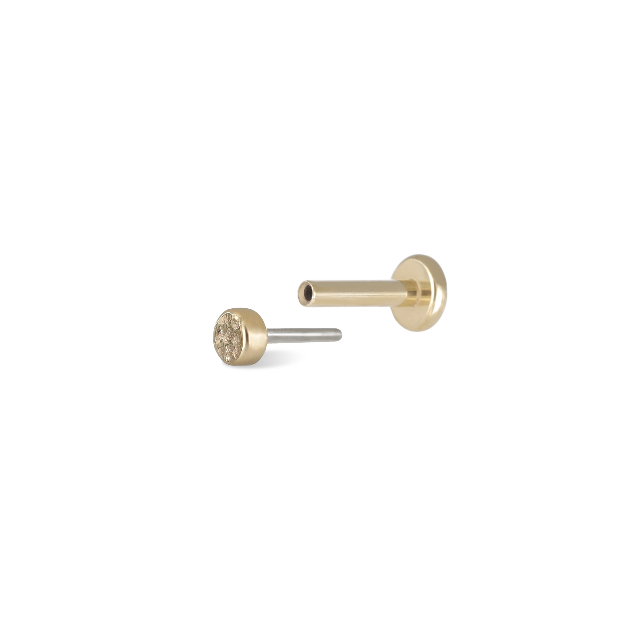 2mm 14K Gold Hammered disc studs in yellow gold front and side view.