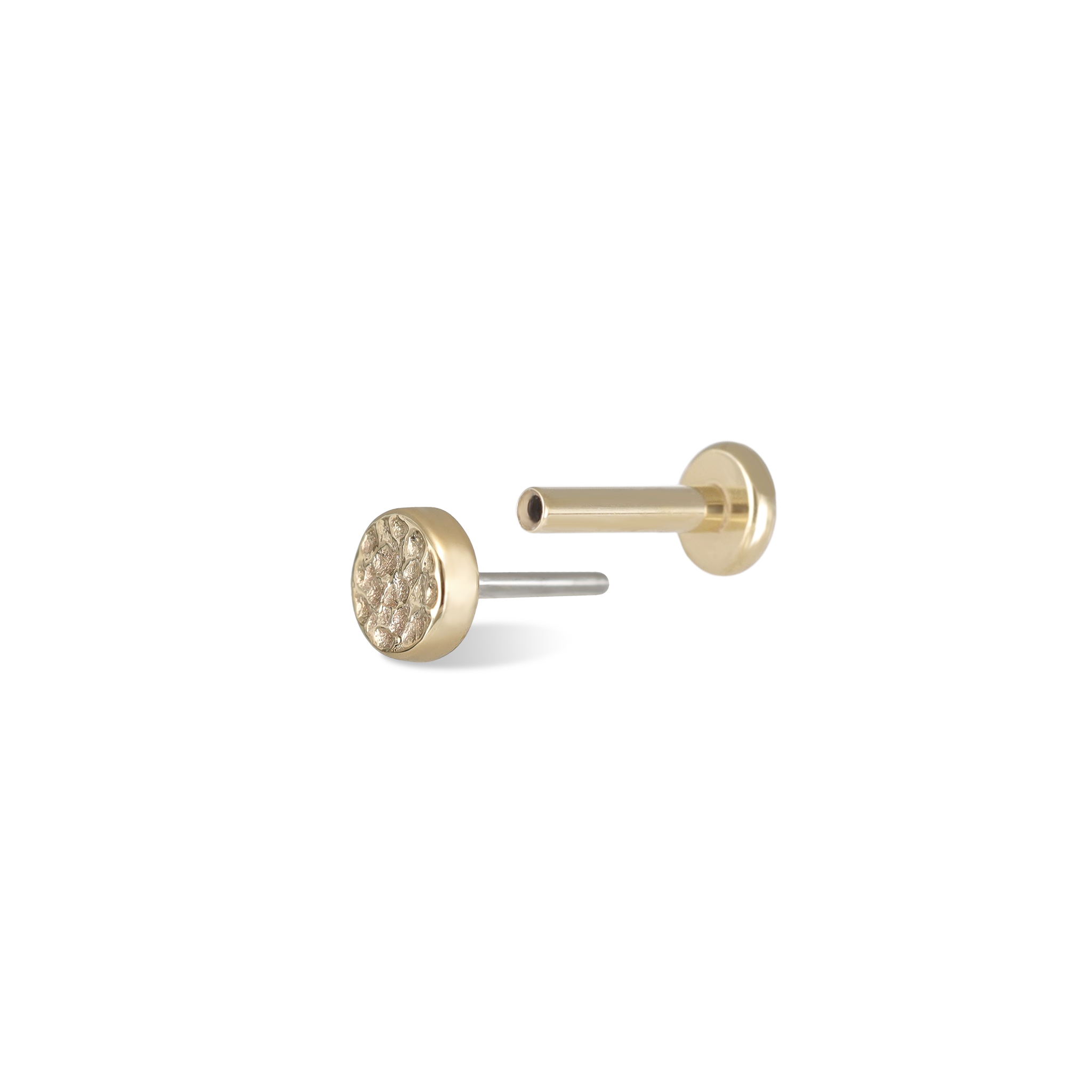 3mm 14K Gold Hammered disc studs in yellow gold front and side view.