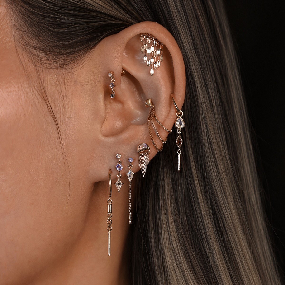 Aery • Kite Gemstone & Textured Gold Bar Drop Flat Back Stud