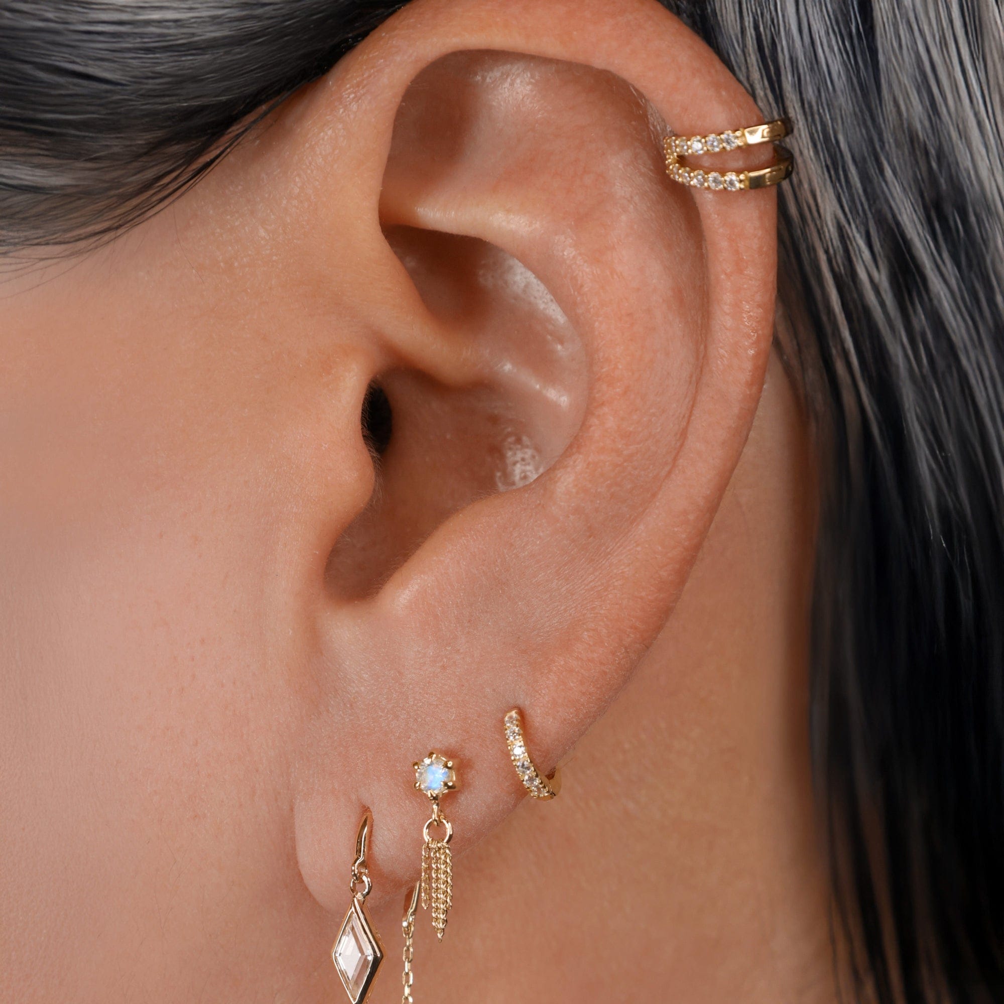 BEATTI Chain Earrings Twin Row Spark CZ Hoop Twin Row Spark CZ Hoop