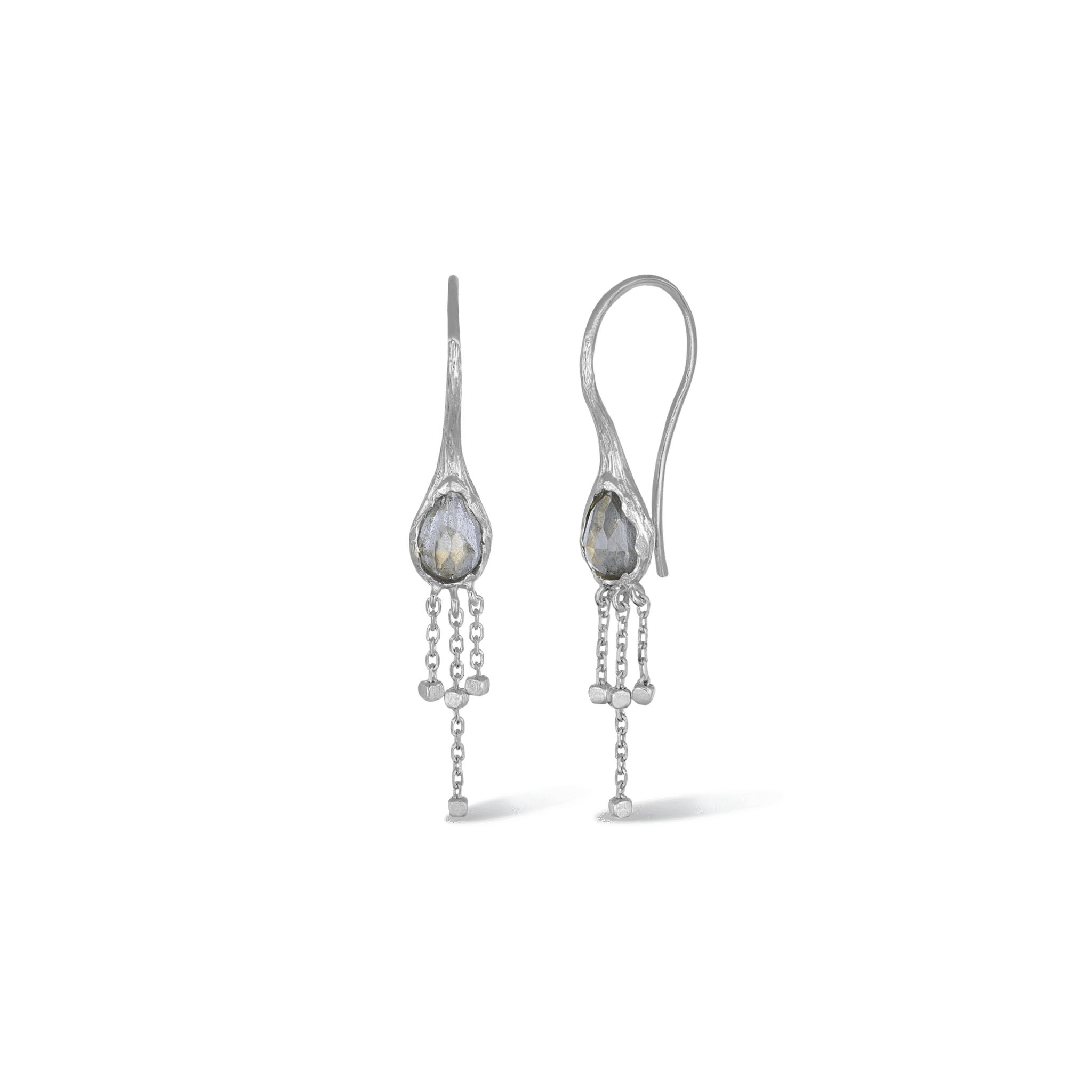 BEATTI Threaders Silver / Labradorite Dalia • Labradorite Hook Earrings with Chain Tassels BTE058 S L Dalia • Labradorite Hook Earrings with Chain Tassels