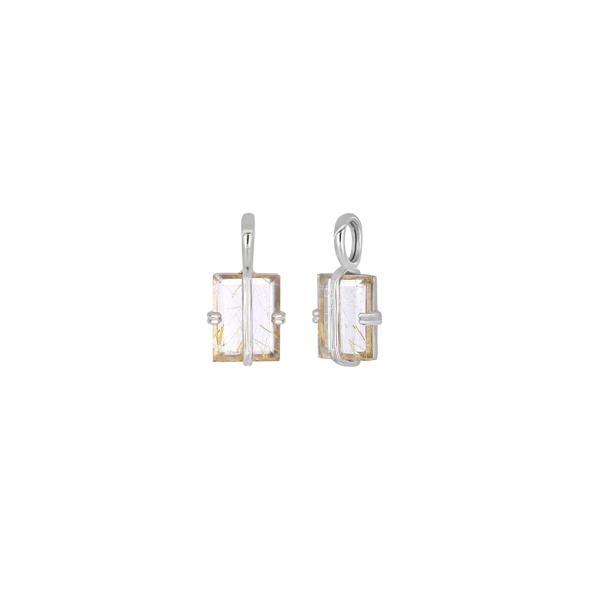 Pair of earrings with rectangular clear stones on a white background