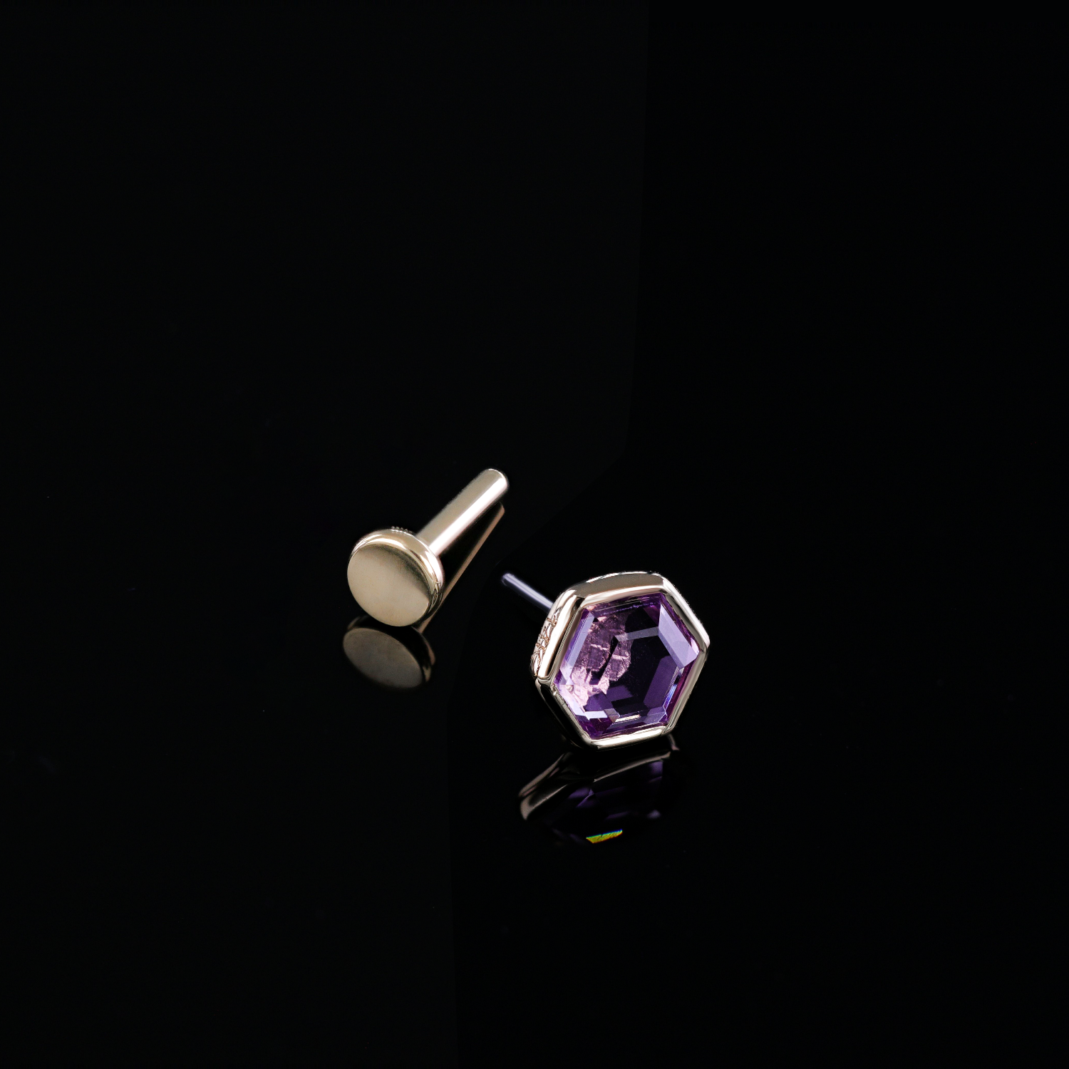 Ela •  14K Gold Hexagon Gemstone Threadless Ends • Amethyst