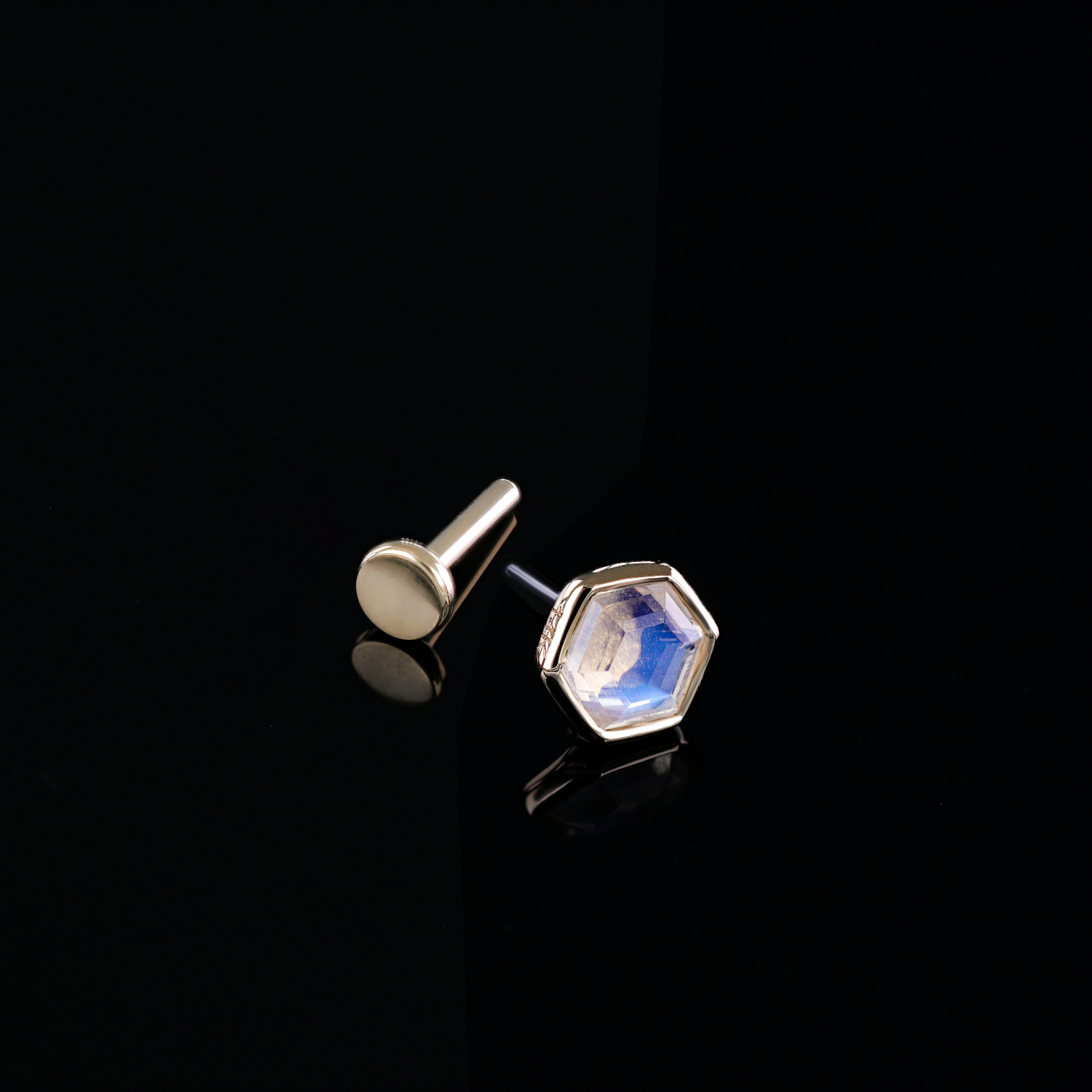 Ela •  14K Gold Hexagon Gemstone Threadless Ends • Rainbow Moonstone