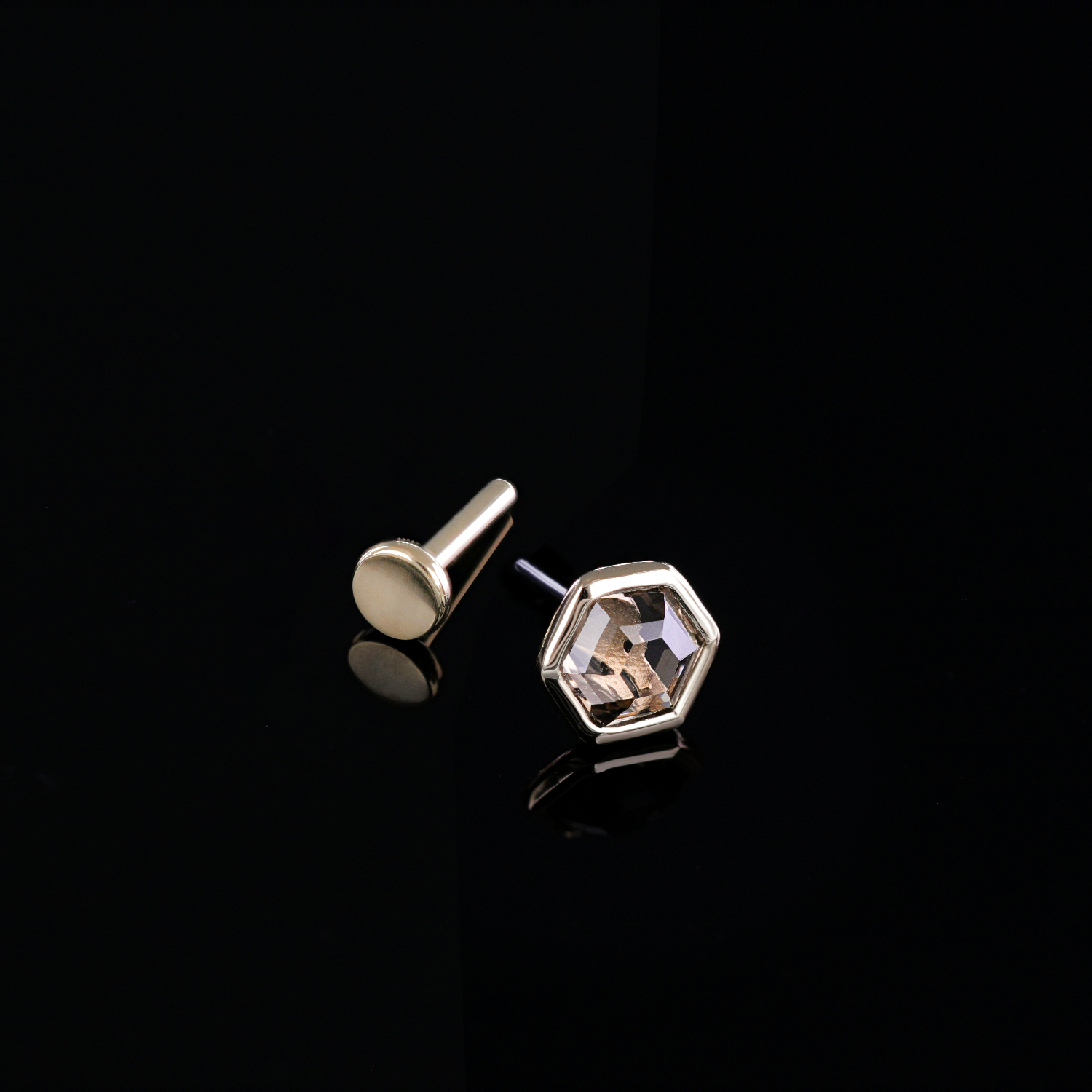 Ela •  14K Gold Hexagon Gemstone Threadless Ends • Smoky Quartz