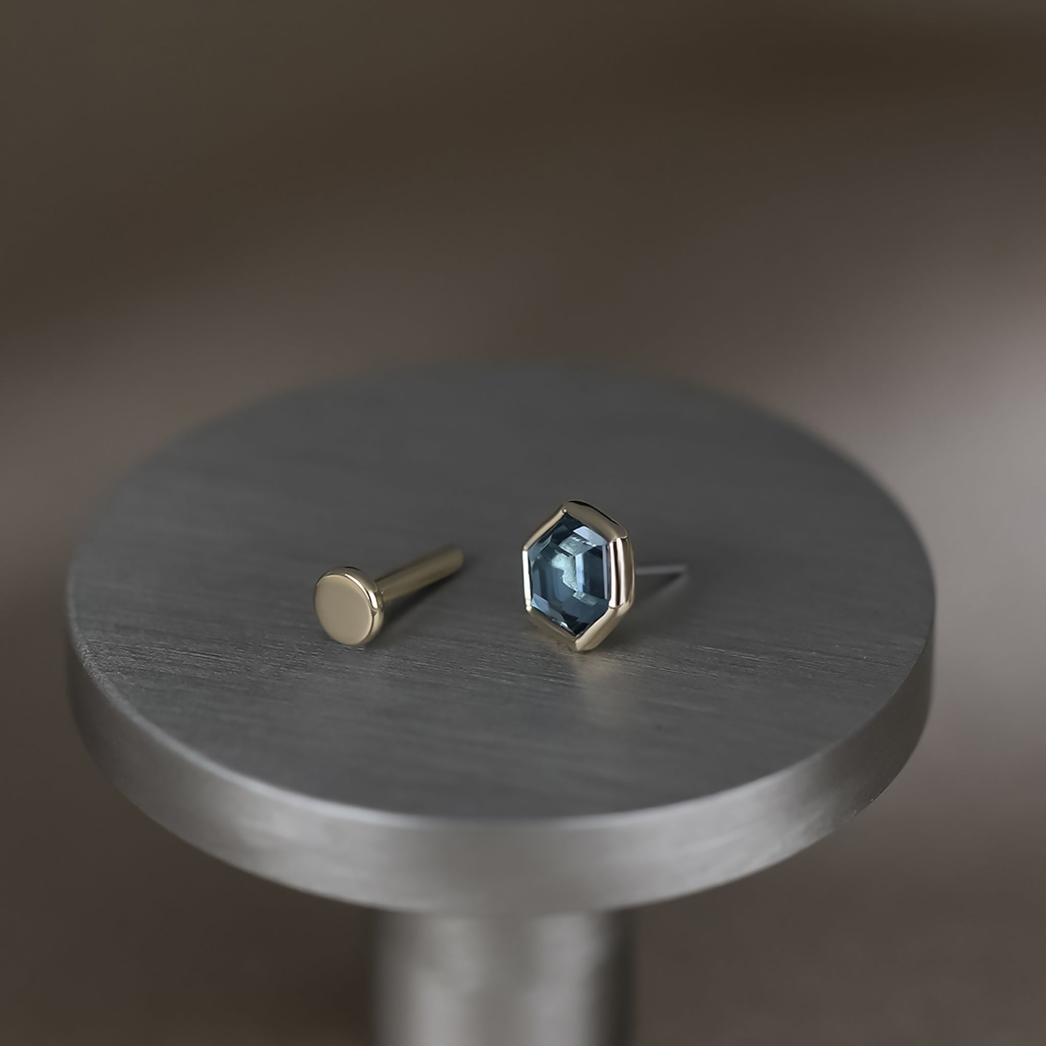 Ela •  14K Gold Hexagon Gemstone Threadless Ends • London Blue Topaz