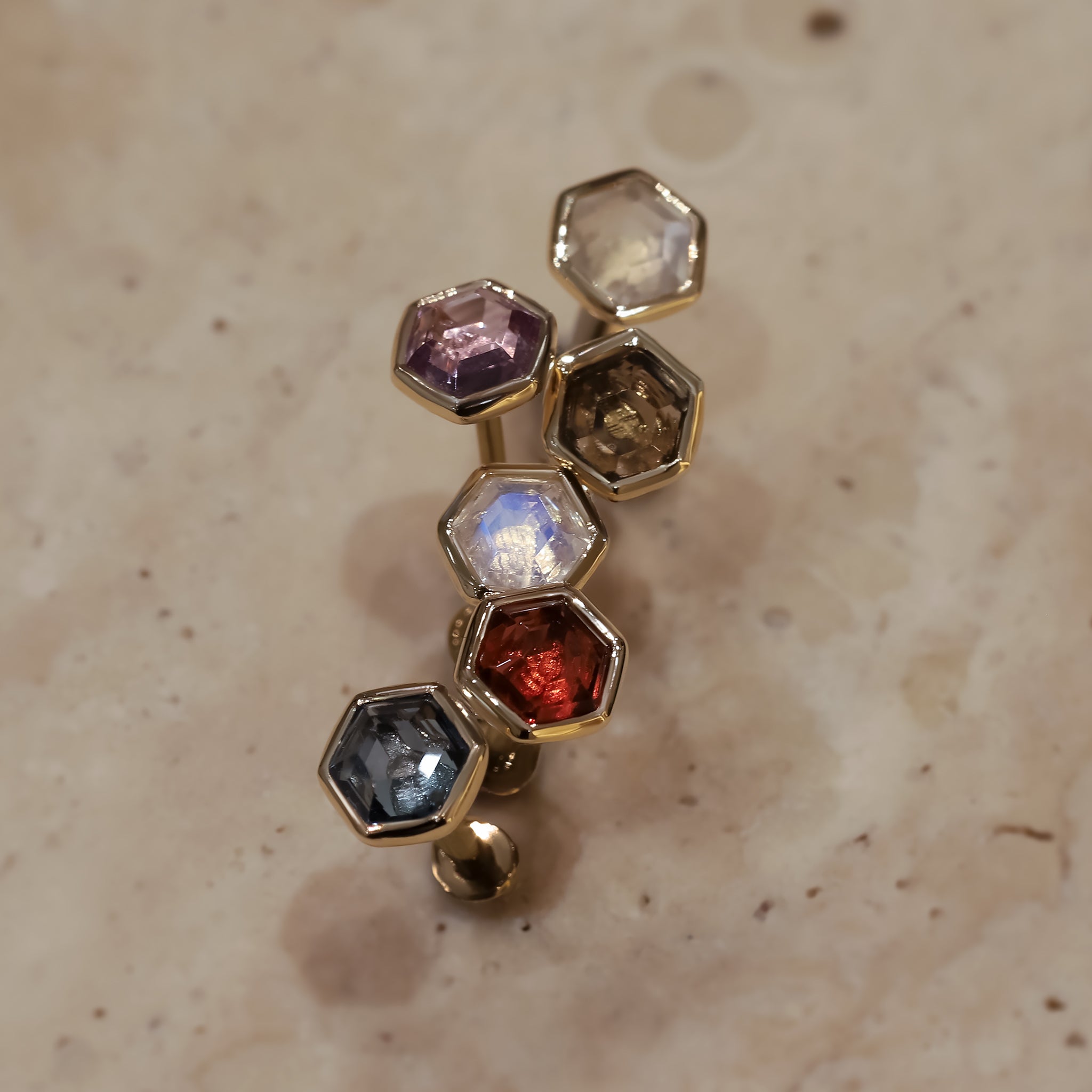 Ela •  14K Gold Hexagon Gemstone Threadless Ends • Rainbow Moonstone