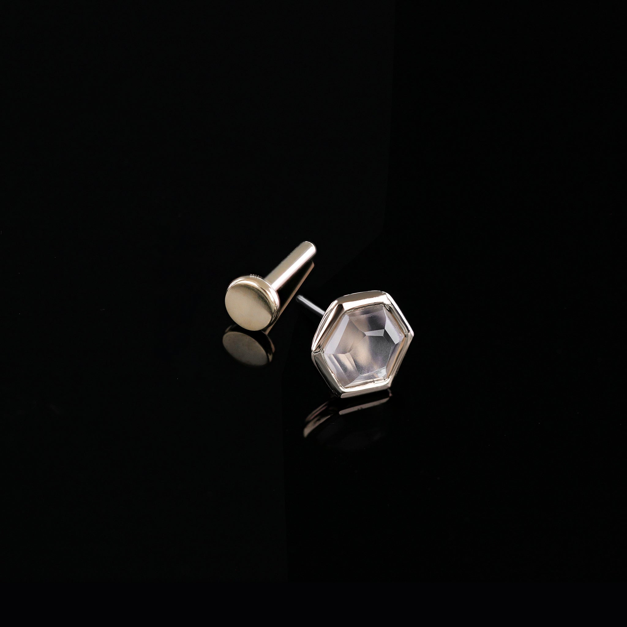 Ela •  14K Gold Hexagon Gemstone Threadless Ends • Grey Moonstone