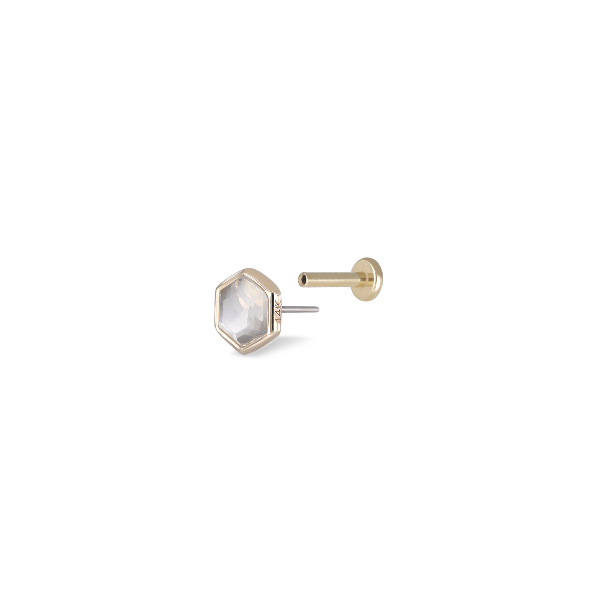 Ela •  14K Gold Hexagon Gemstone Threadless Ends • Grey Moonstone