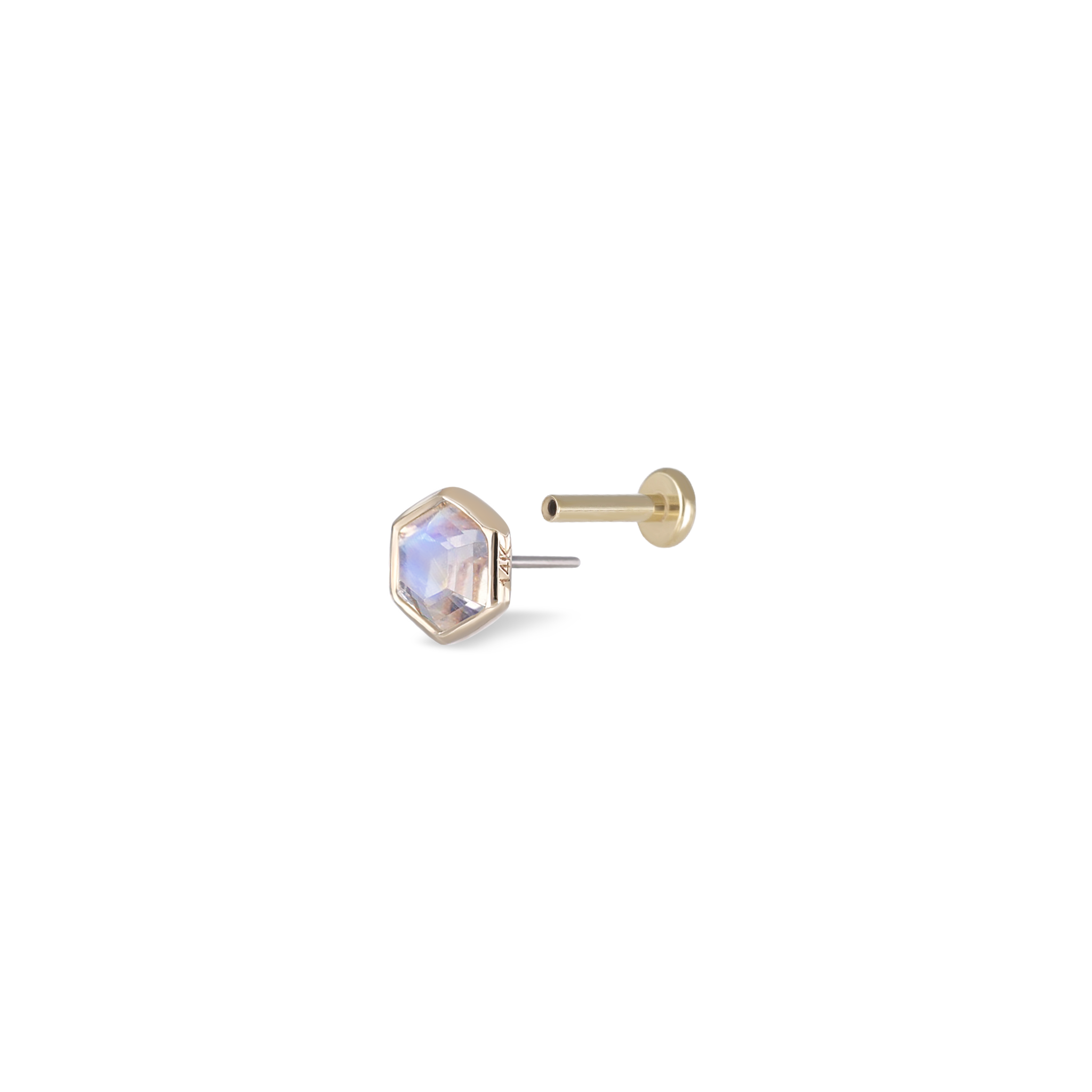 Ela •  14K Gold Hexagon Gemstone Threadless Ends • Rainbow Moonstone