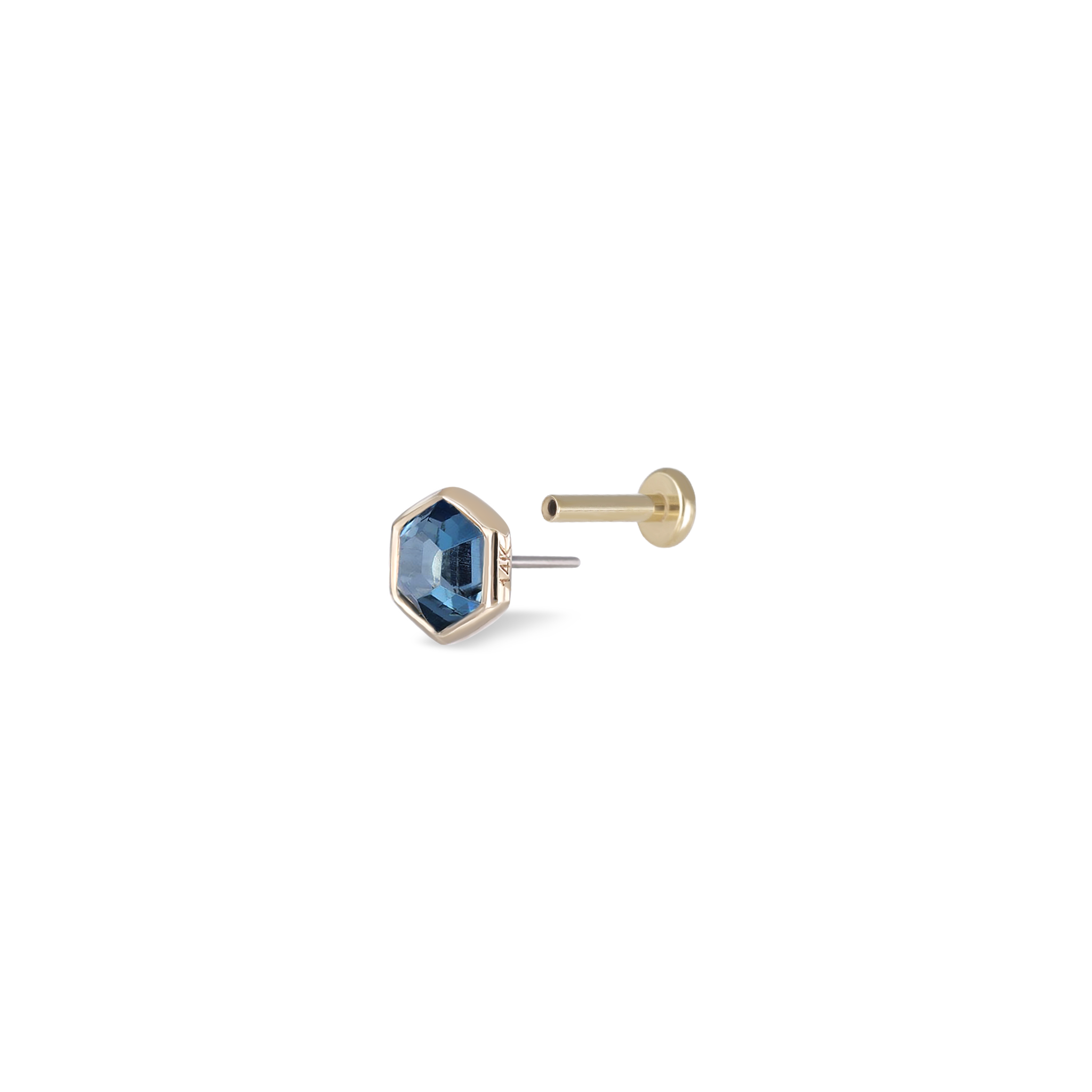 Ela •  14K Gold Hexagon Gemstone Threadless Ends • London Blue Topaz