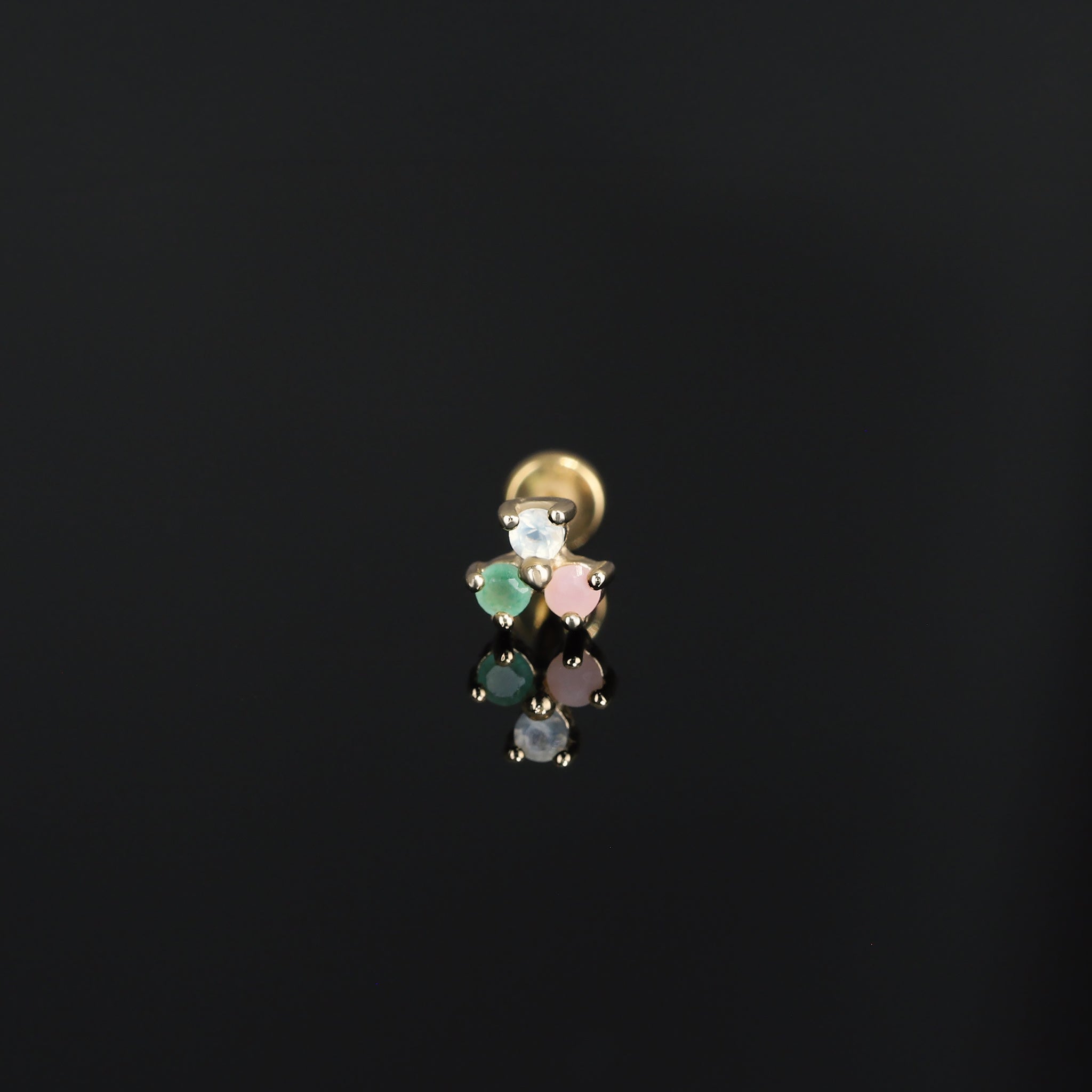 Threadless push pin, Ivy II, in  Trio that comes with Aventurine, Pink Opal , Chalcedony displayed on dark surface.