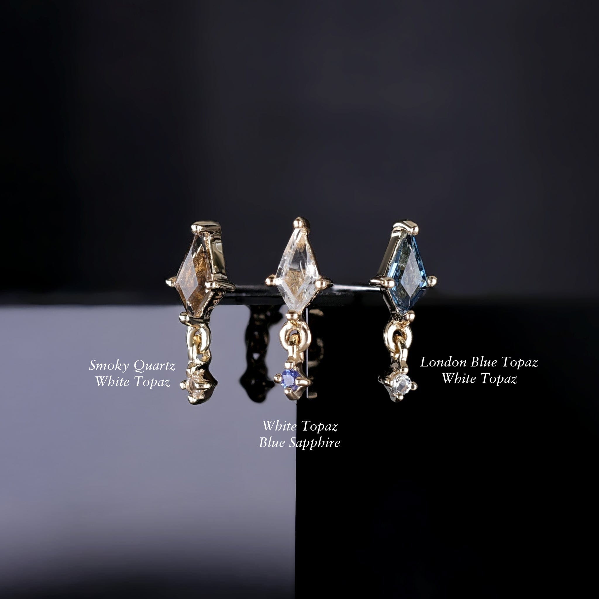 BEATTI Threadless Ends Lyra • Tiny Kite Shaped London Blue Topaz Dangle Gemstone Flat Back Stud Lyra • Tiny Kite Shaped London Blue Topaz Dangle Gemstone Flat Back Stud