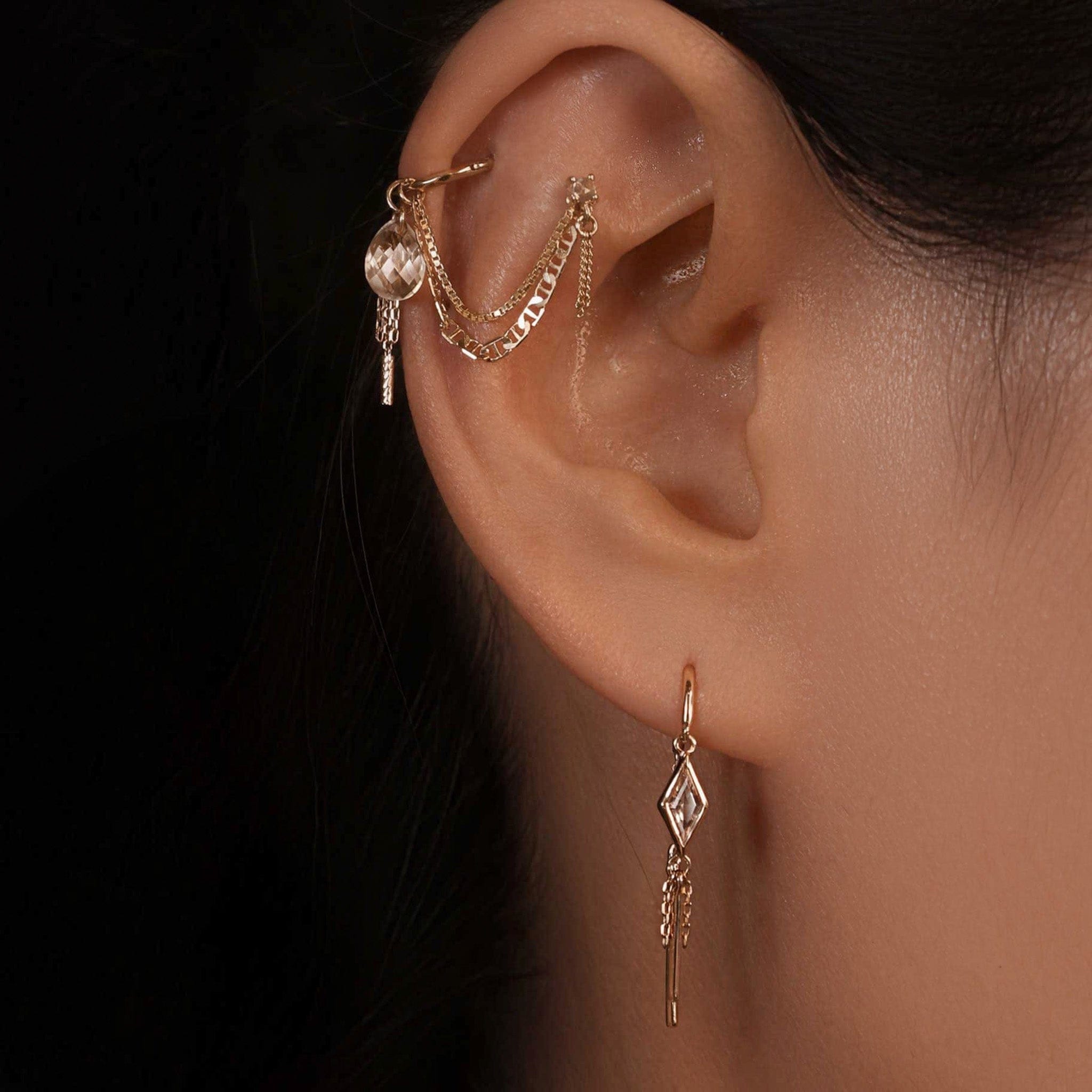 BEATTI Earring BTEG059 • 14K Gold Dangle Chain Hoop Threader BTEG059 • 14K Gold Dangle Chain Hoop Threader