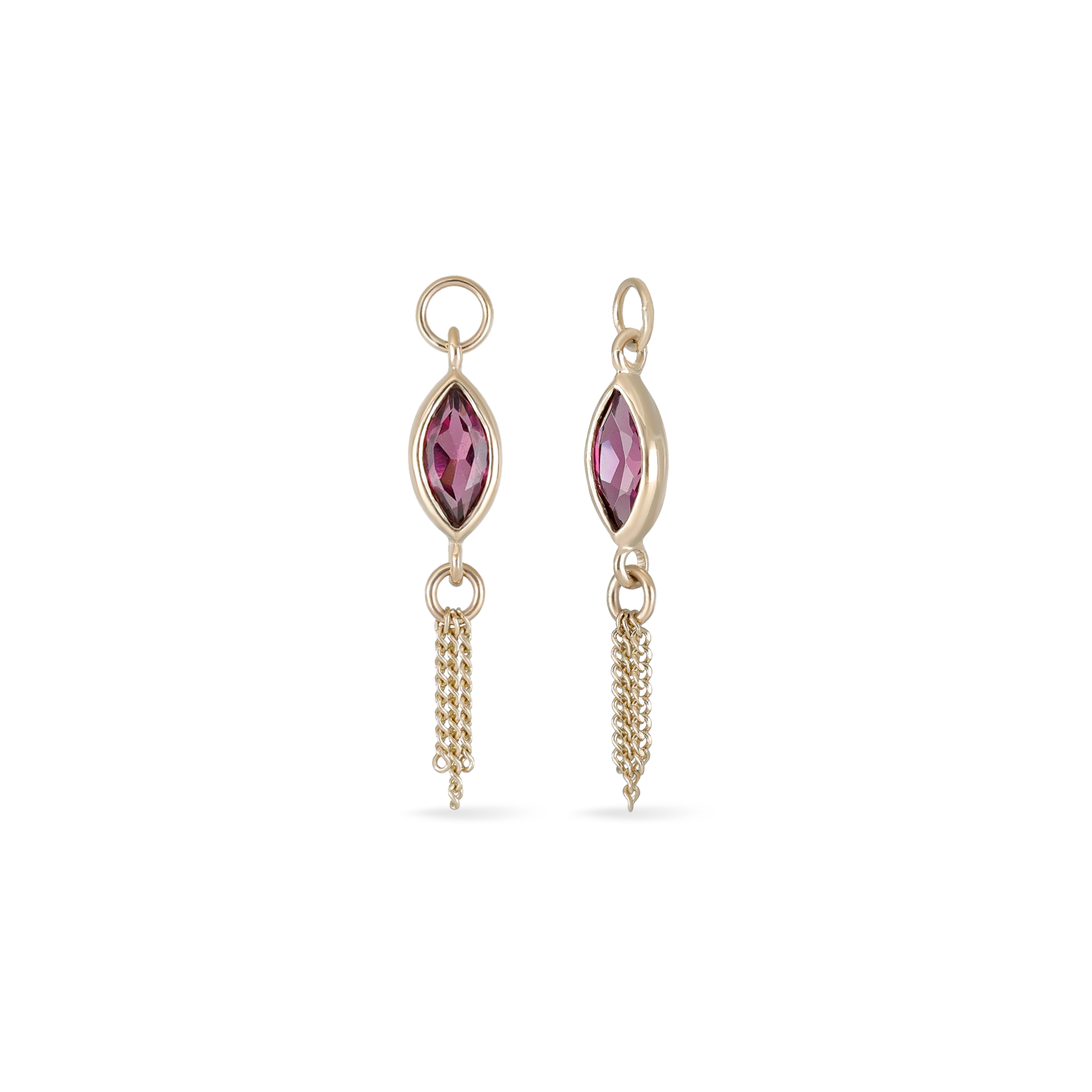 14K gold charm of a marquise-cut Rhodolite Garnet paired with three delicate gold curb chain tassels