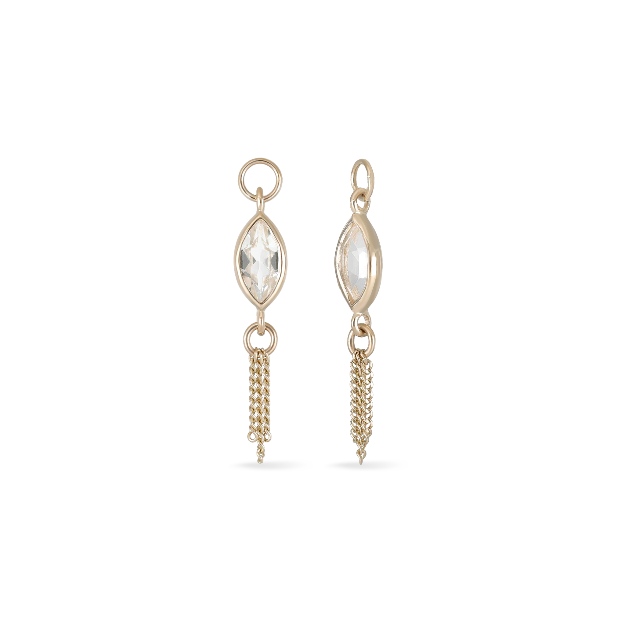 14K gold charm of a marquise-cut White Topaz paired with three delicate gold curb chain tassels