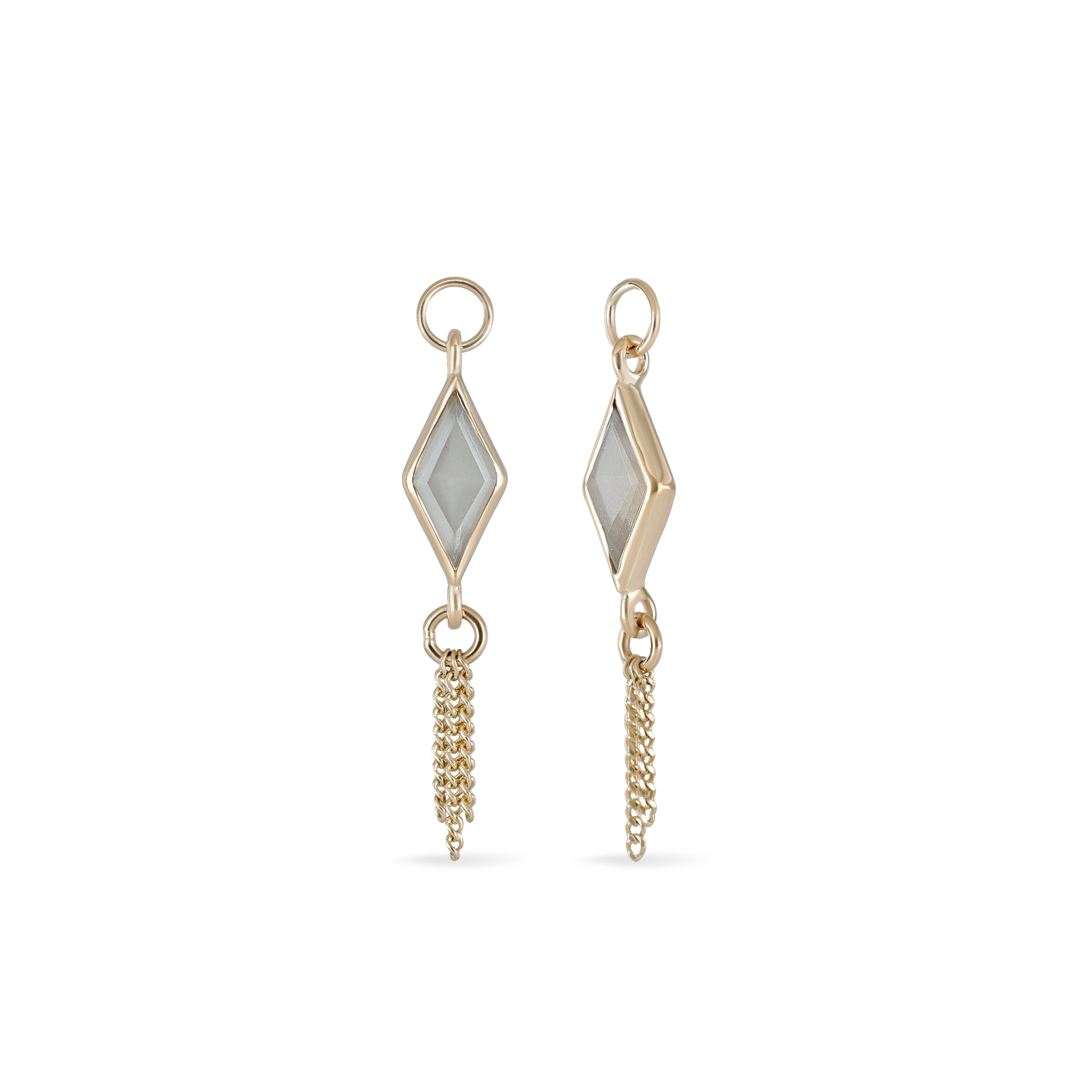 14K gold charm of a kite a Rhombus-cut Grey Moonstone paired with three delicate gold curb chain tassels