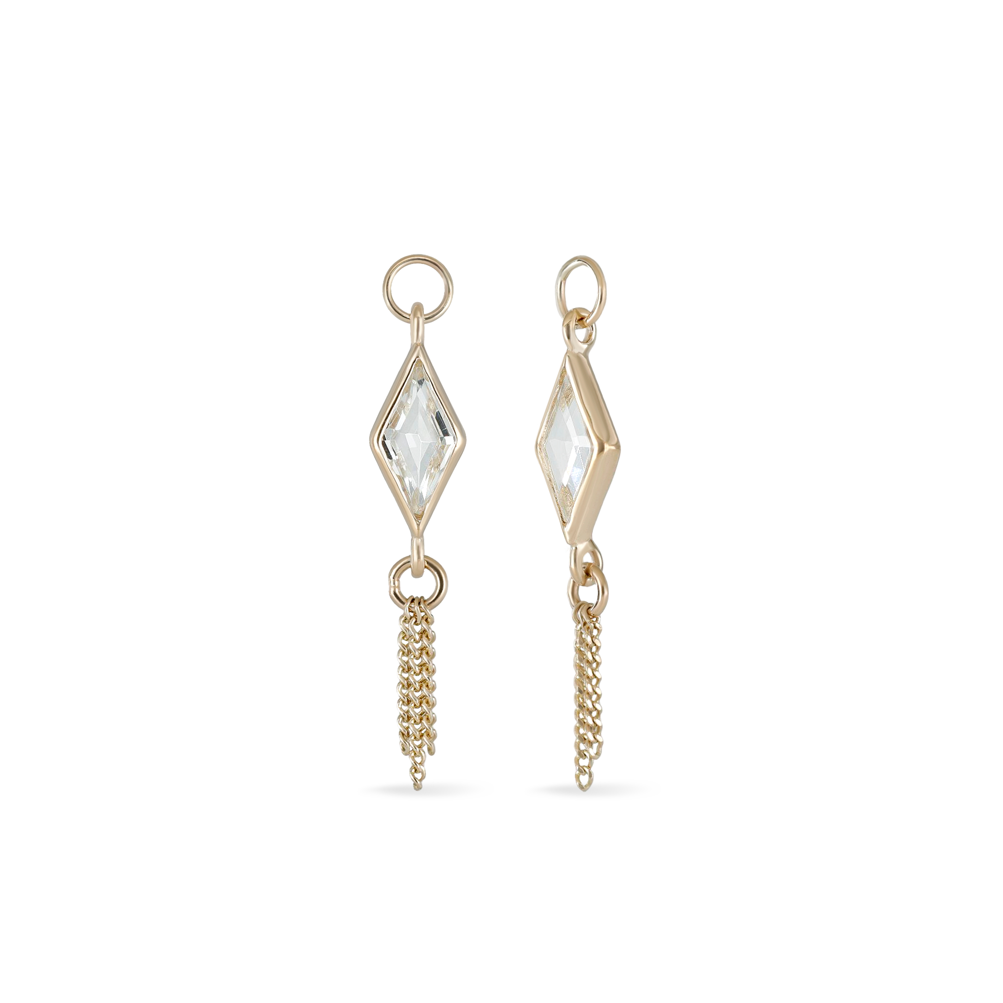 14K gold charm of a kite a Rhombus-cut White Topaz paired with three delicate gold curb chain tassels