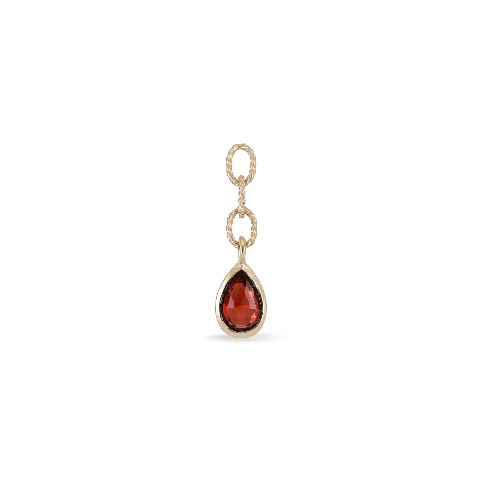 14K gold charm with a teardrop Garnet stone with gold twisted rope chain, three circles on a white background