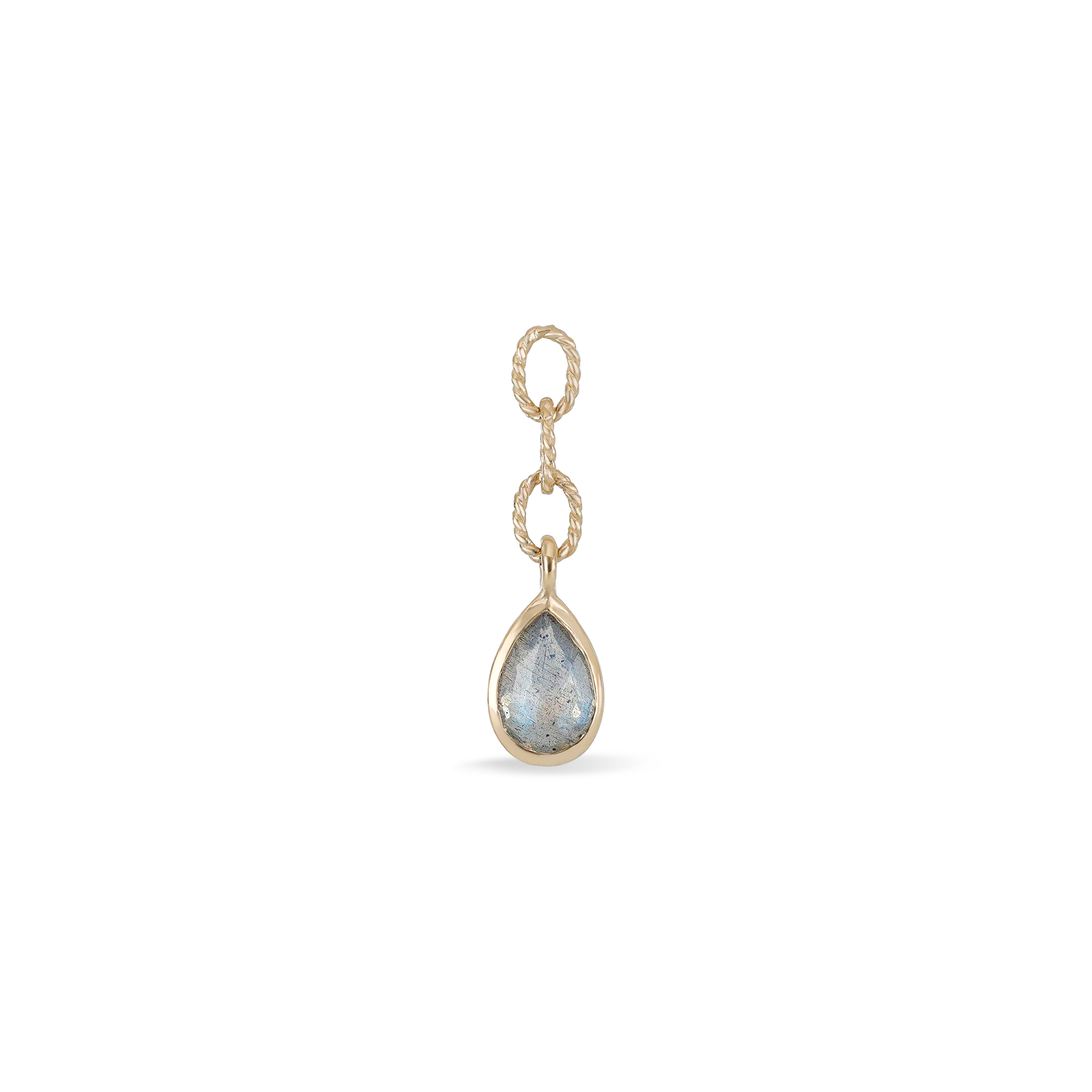 14K gold charm with a teardrop Labradorite stone with gold twisted rope chain, three circles on a white background