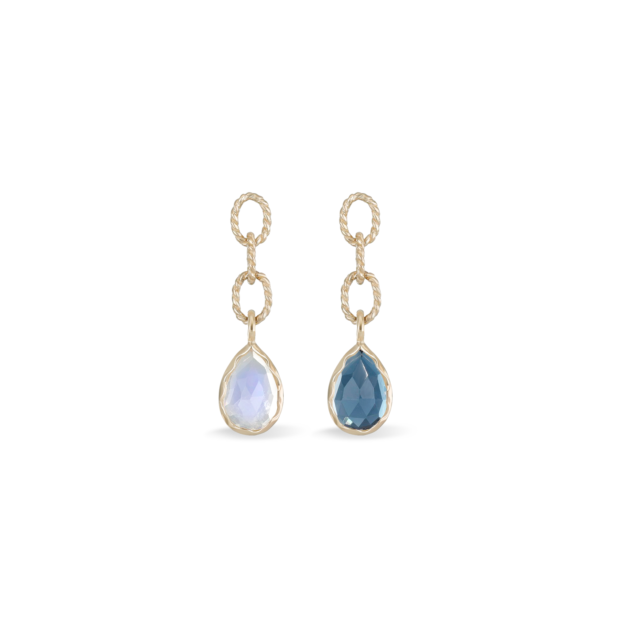 14K gold charm with a teardrop London Blue Topaz and Rainbow moonstone with gold twisted rope chain on a white background