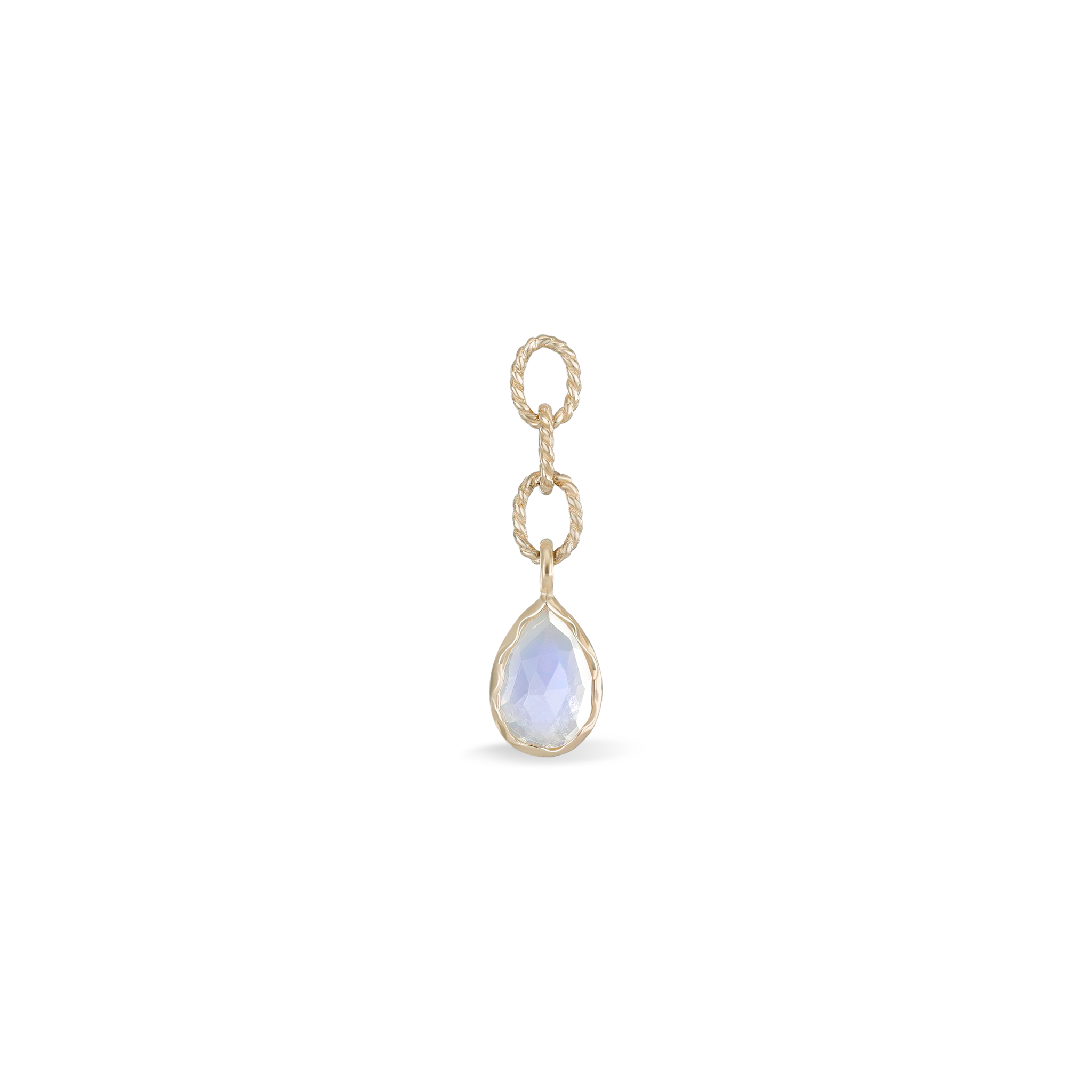 Charm of a larger teardrop Rainbow Moonstone with gold twisted rope chain that has three circles