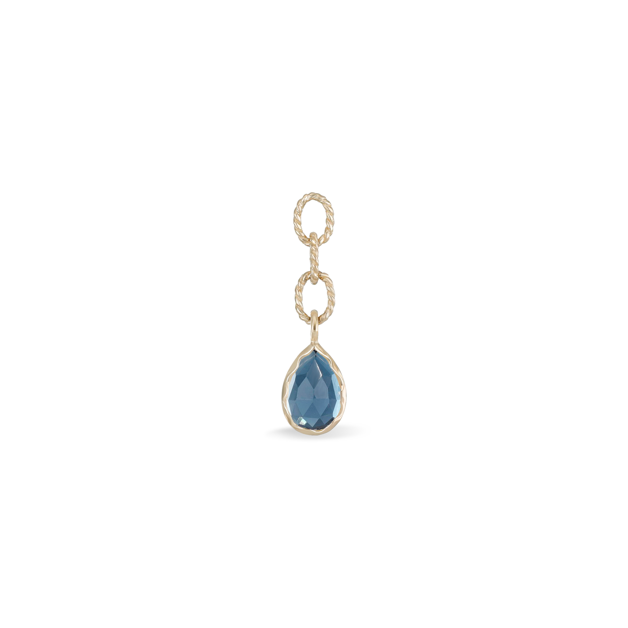 Charm of a larger teardrop London Blue Topaz with gold twisted rope chain that has three circles