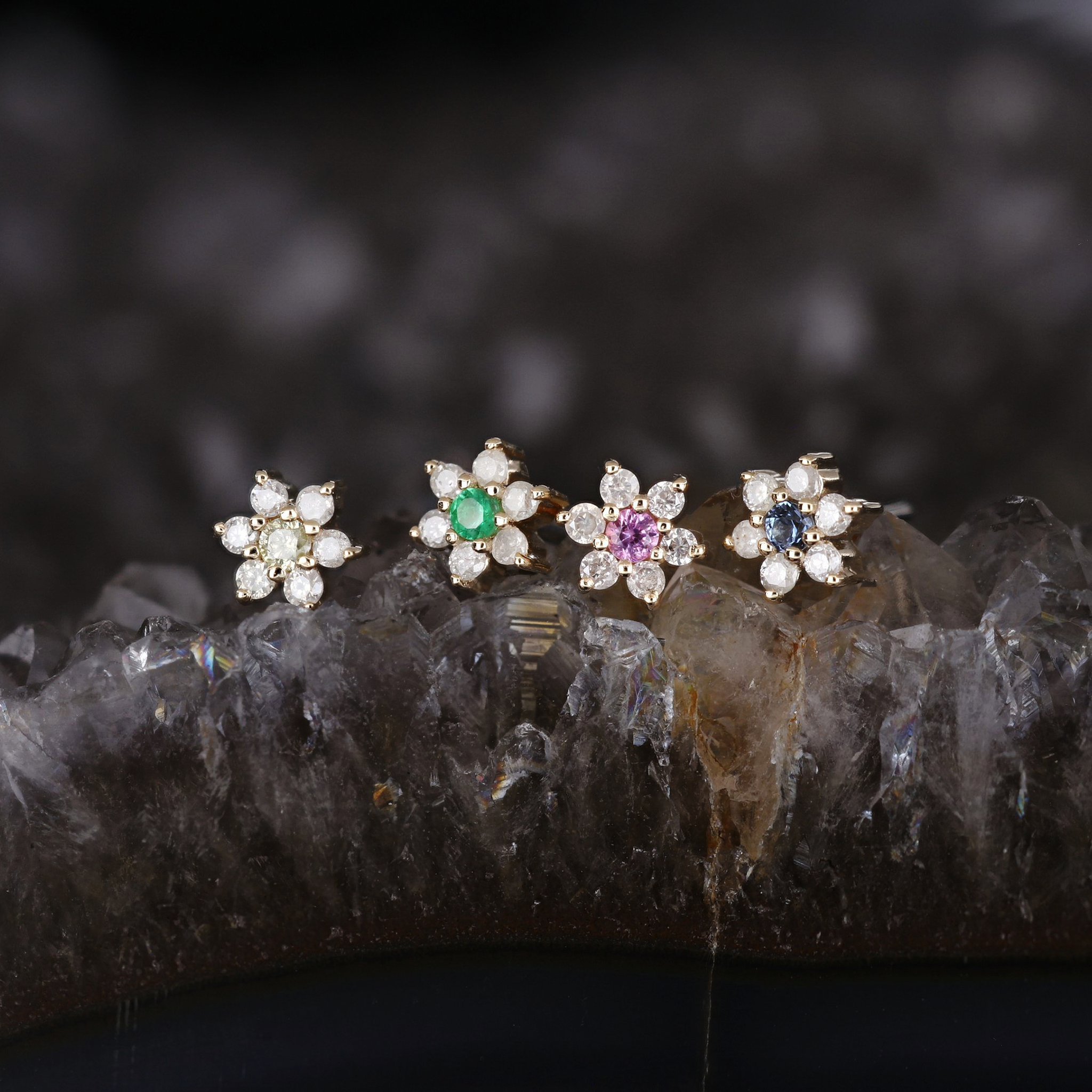 Blossom • Micro Gemstone & Icy Diamond Floral Flat Back Stud