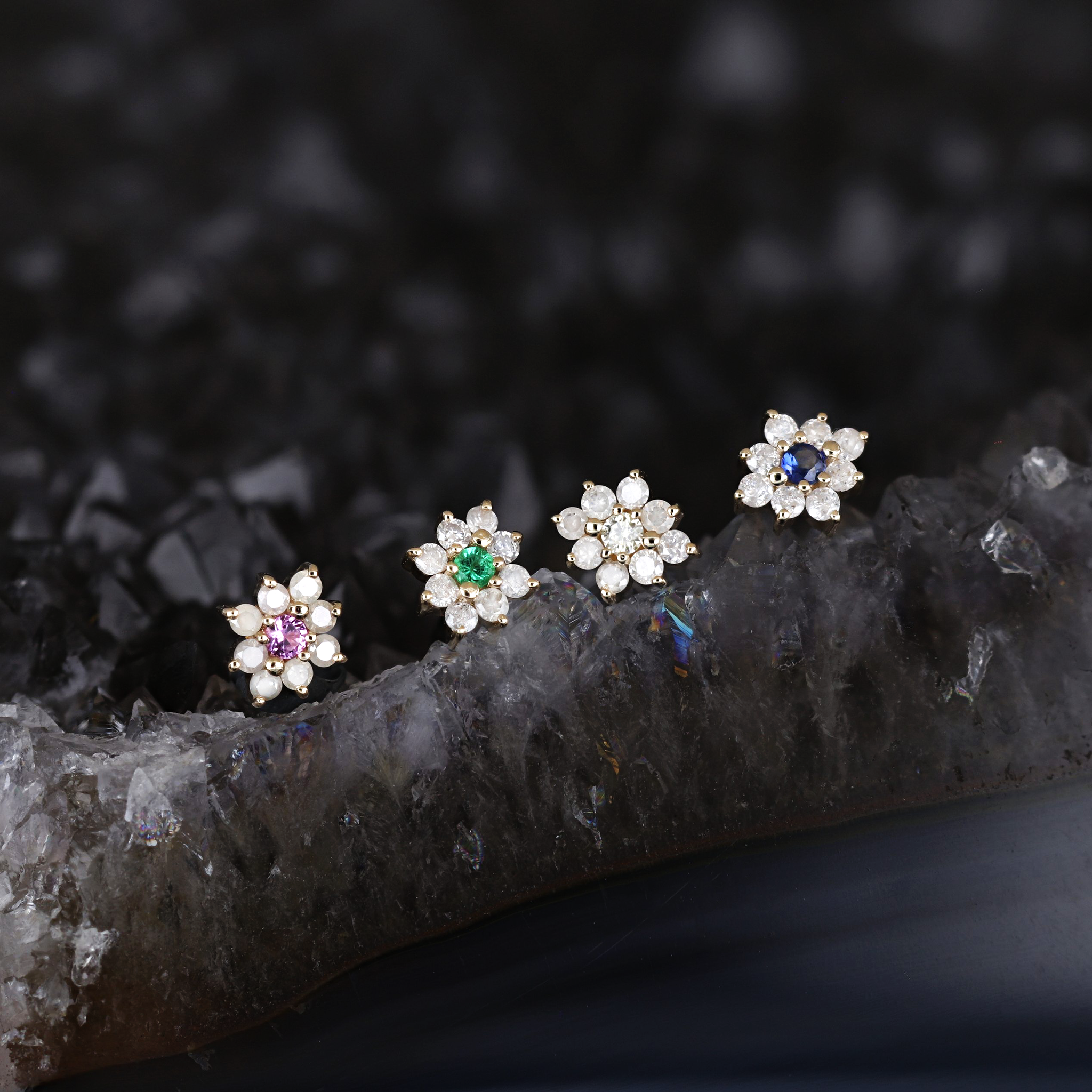 Aster • Petite Gemstone & Icy Diamond Floral Flat Back Stud