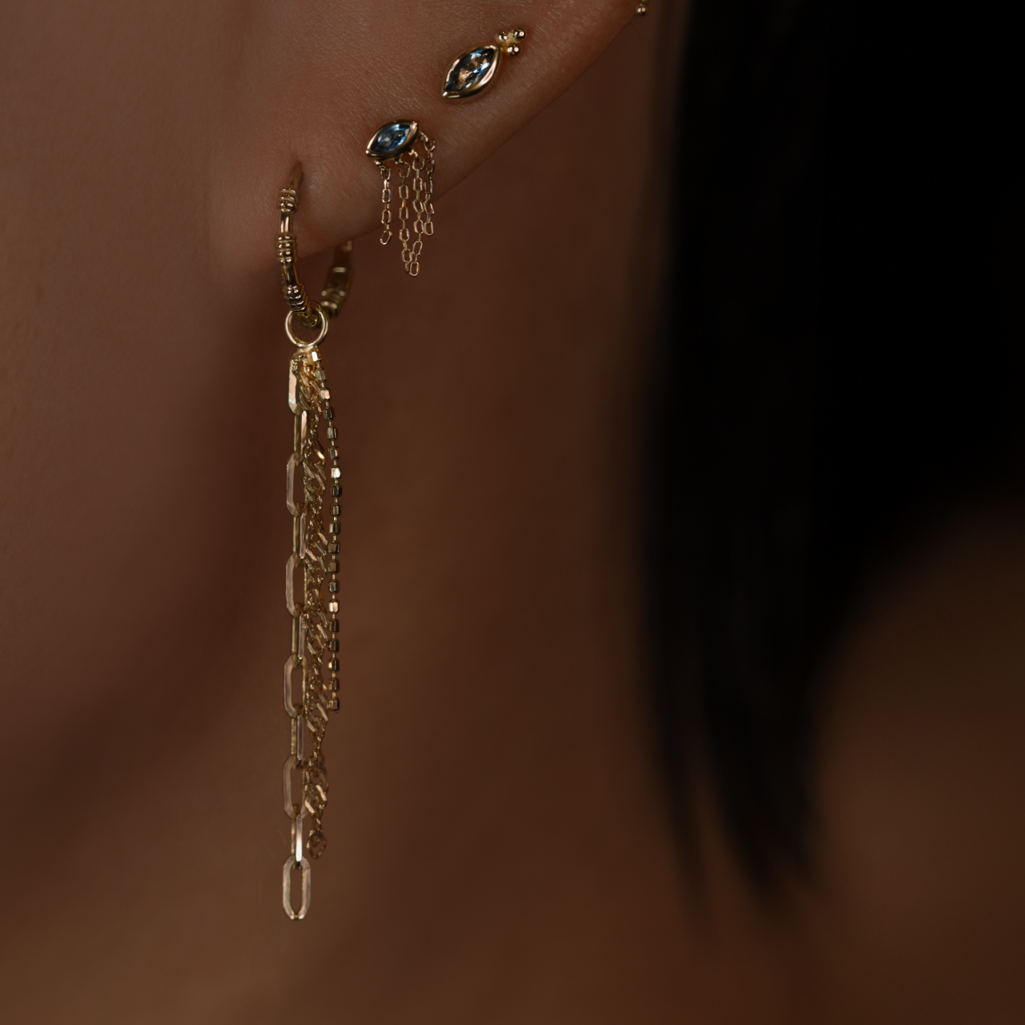 14K Gold triple mixed chain, Opera, linked on a hoop earring on lobe piercing