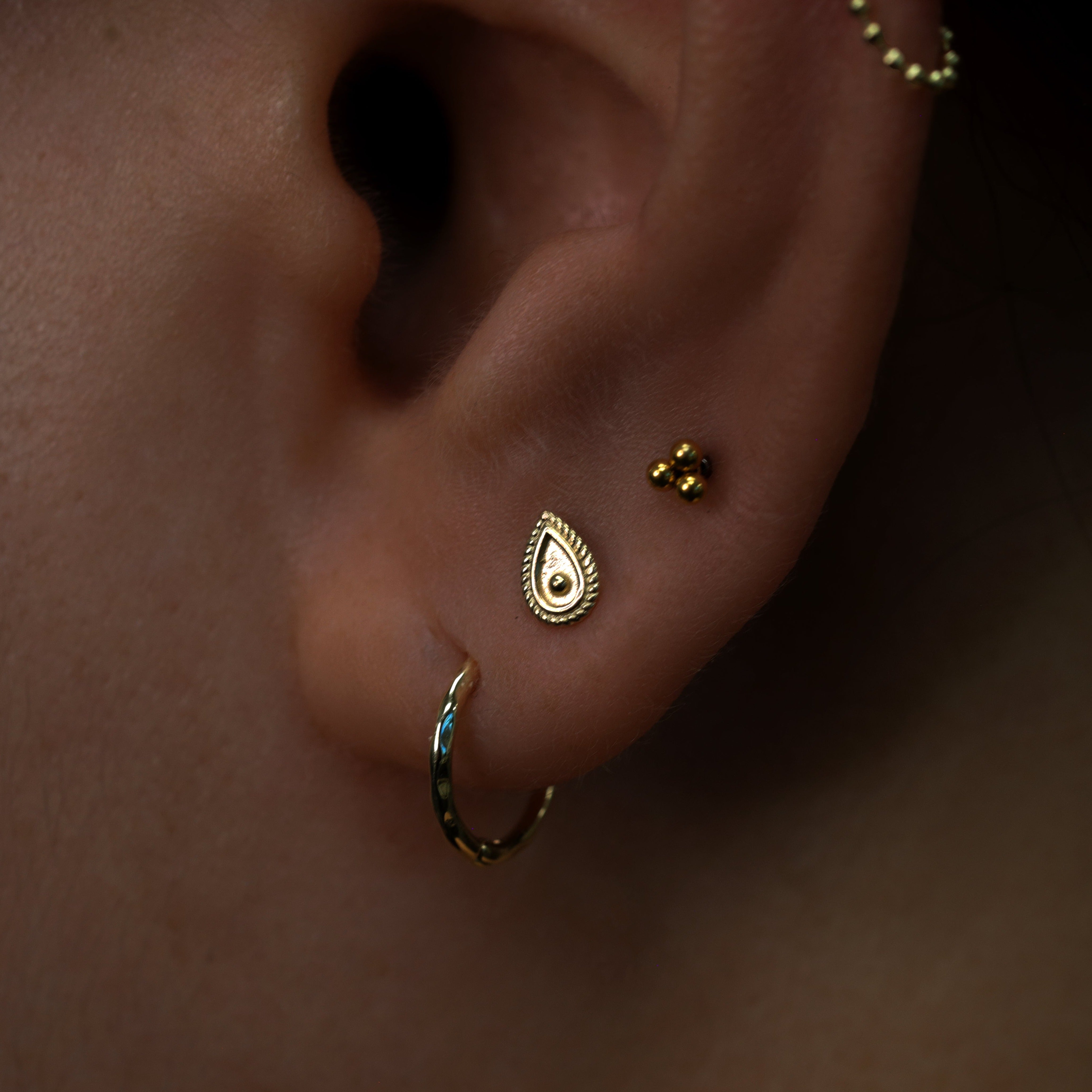 14K Solid Gold Tiny Ornate Droplet Flat Back Earring - BEATTI