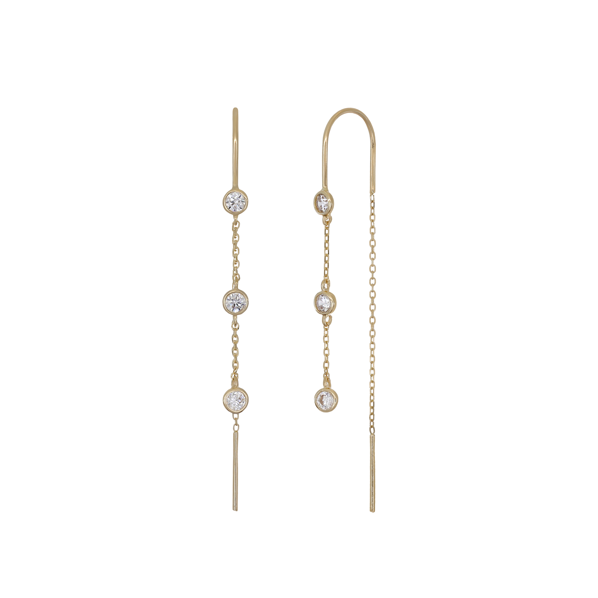 14K Gold Bezel CZ Threader Earrings