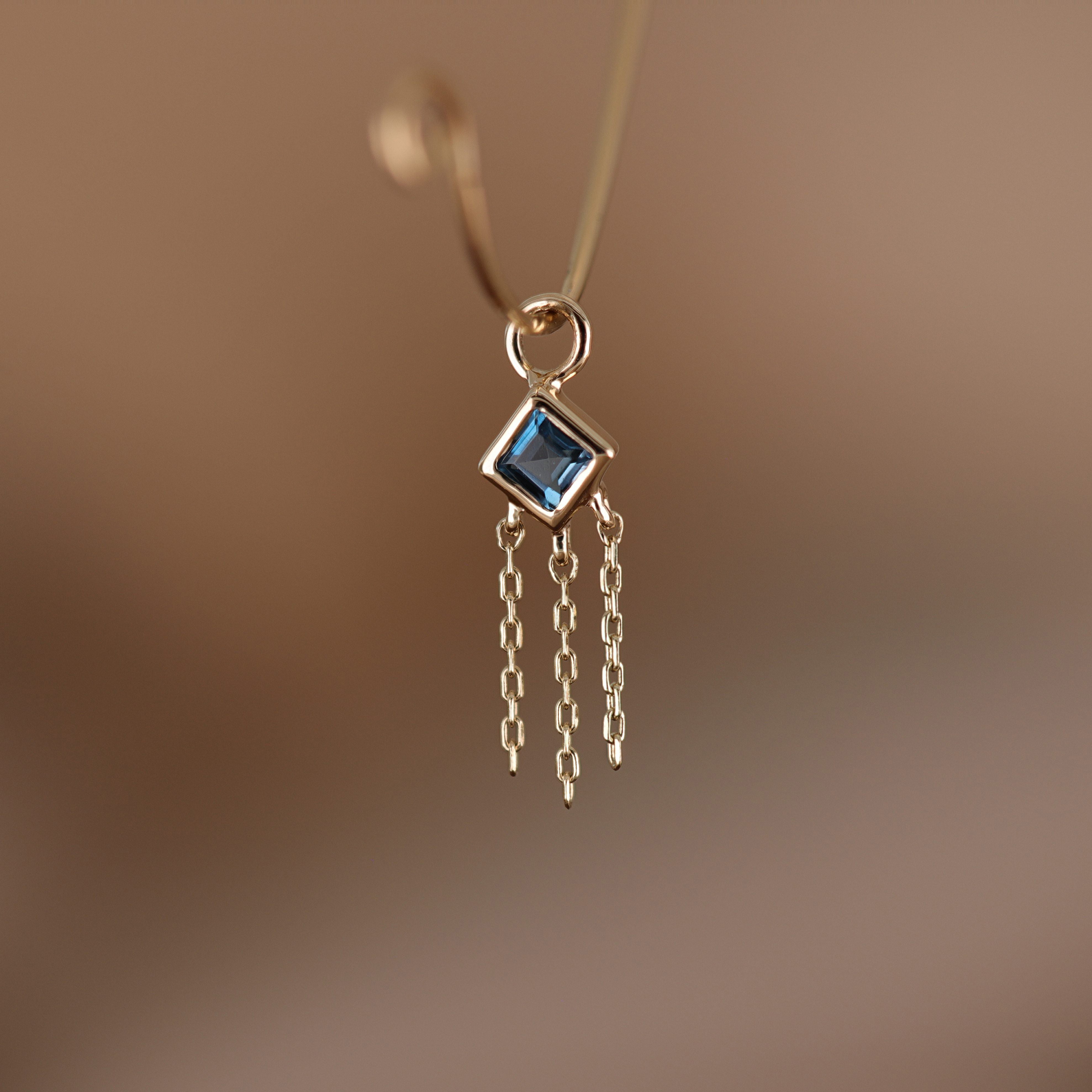 Neo · 14K Gold Princess Cut Gemstone with Chain Tassel Hoop Charm