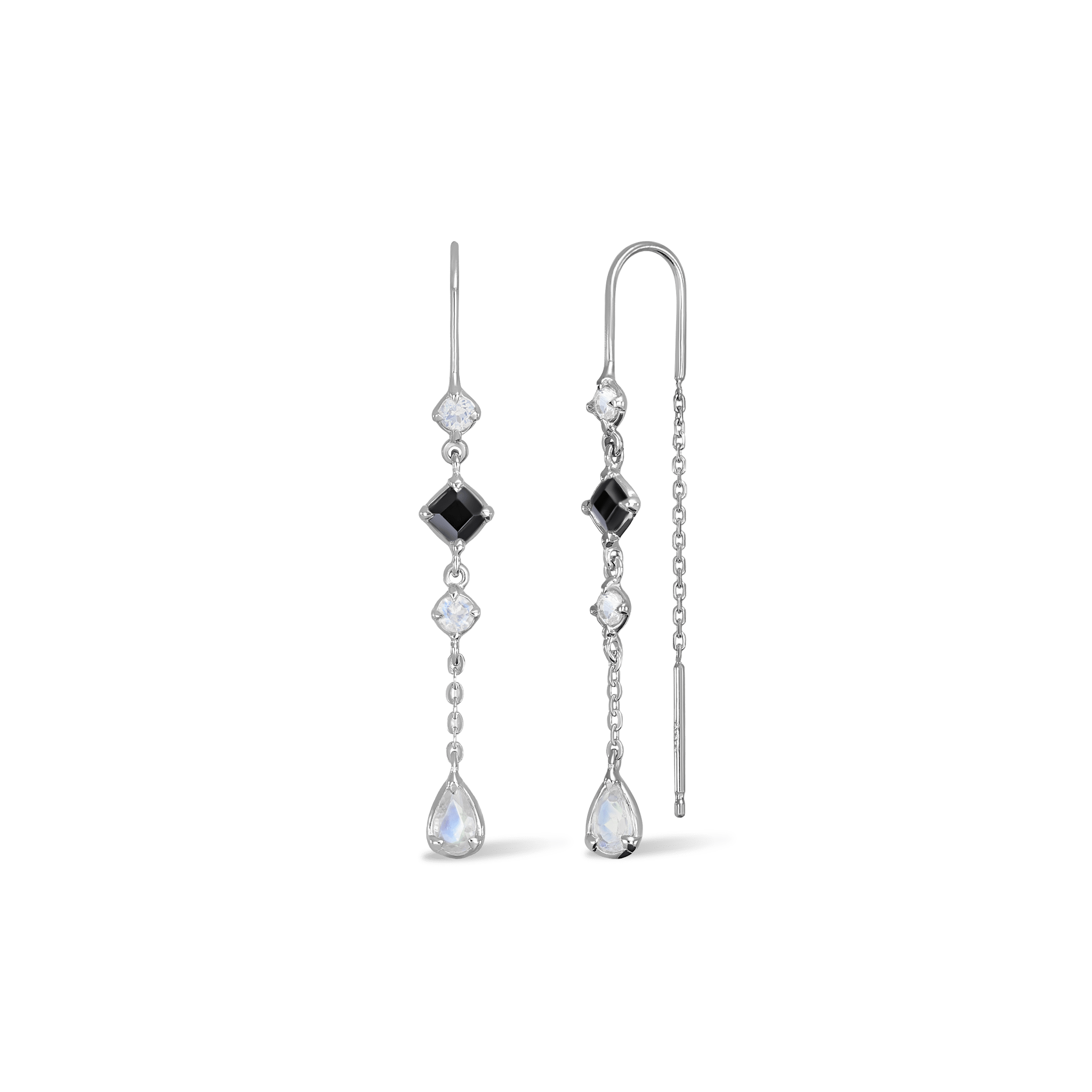 BEATTI Threaders Silver / Moonstone + Black Spinel Tess • Moonstone Black Spiner Threader Earrings JFE2070_TW Tess • Moonstone Black Spiner Threader Earrings