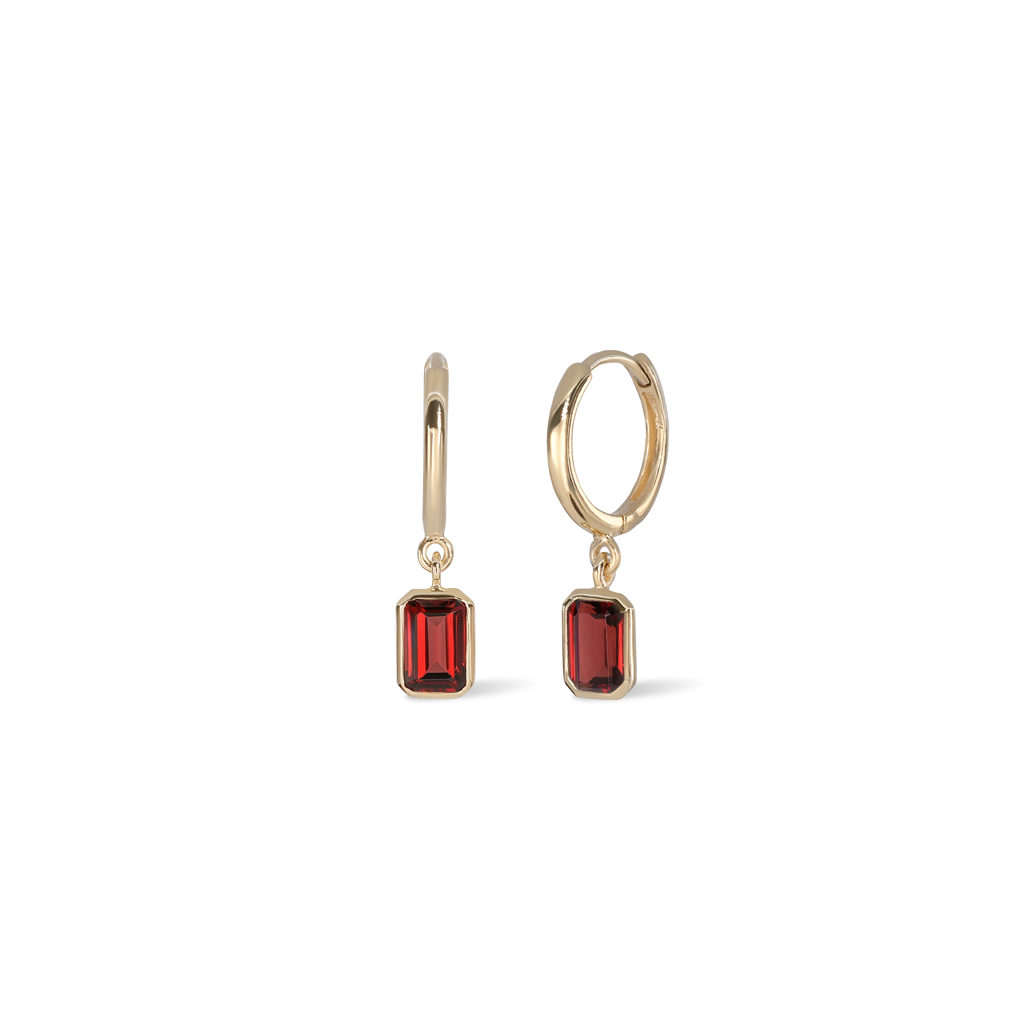 Nora • Emerald Cut Genuine Topaz Hoop Earrings Garnet