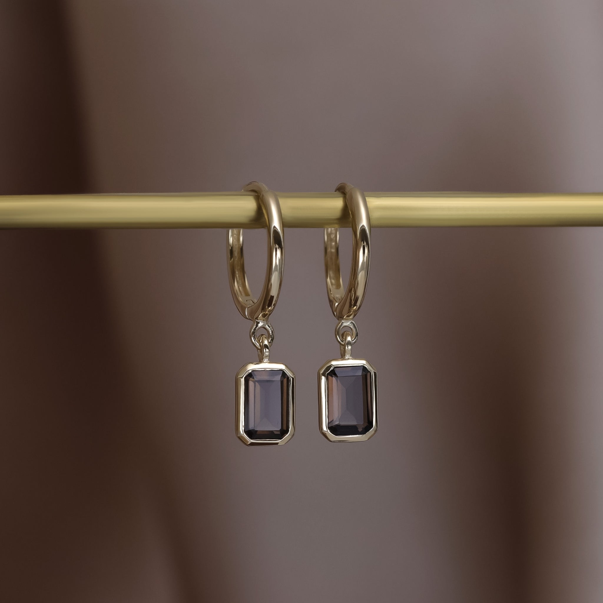 Nora • Emerald Cut Genuine Smoky Quartz Hoop Earrings