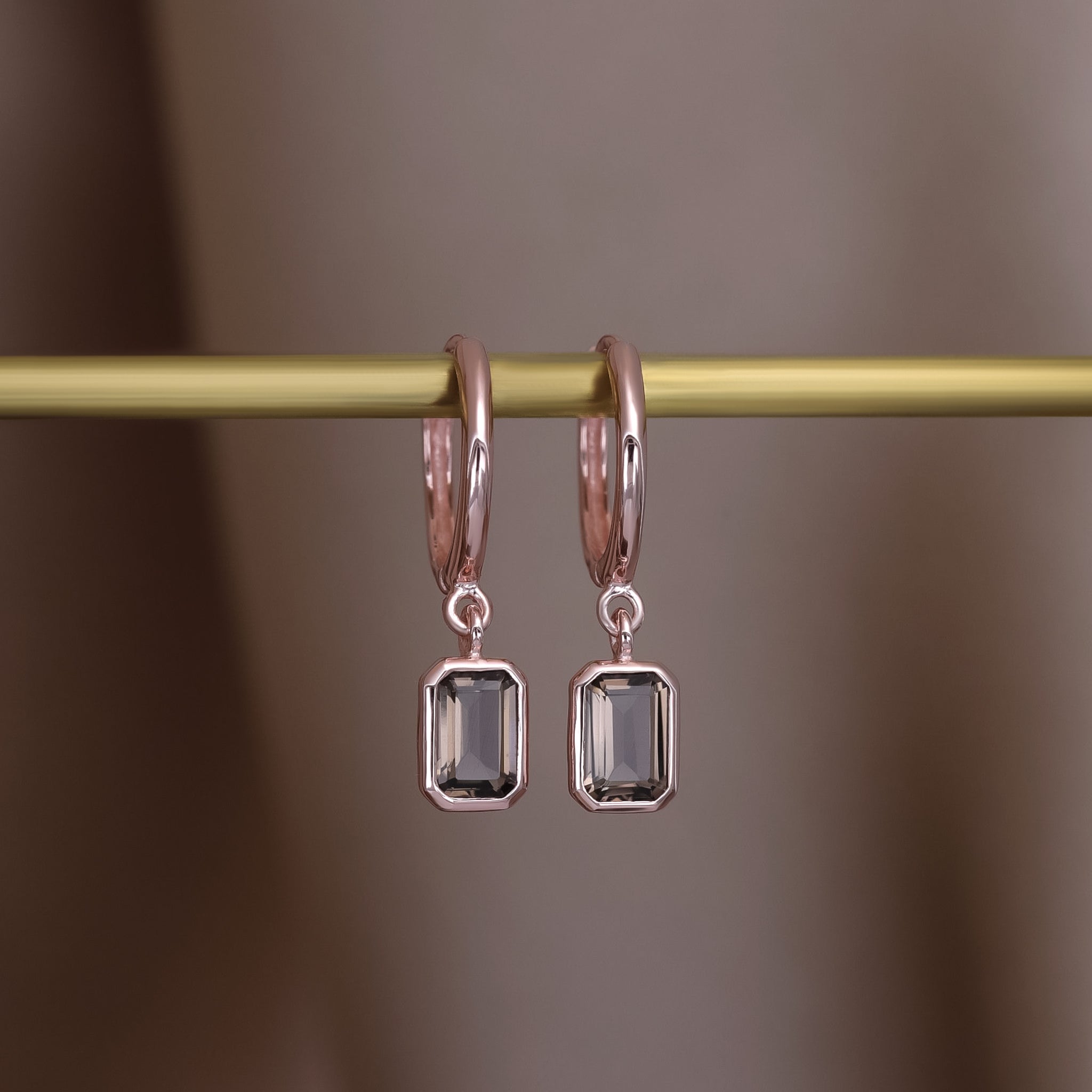 Nora • Emerald Cut Genuine Smoky Quartz Hoop Earrings