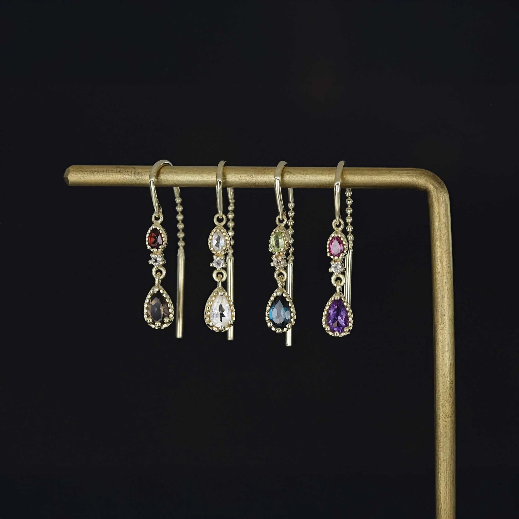 Natural gemstone threader earrings with curved bead chain and soft sparkle
